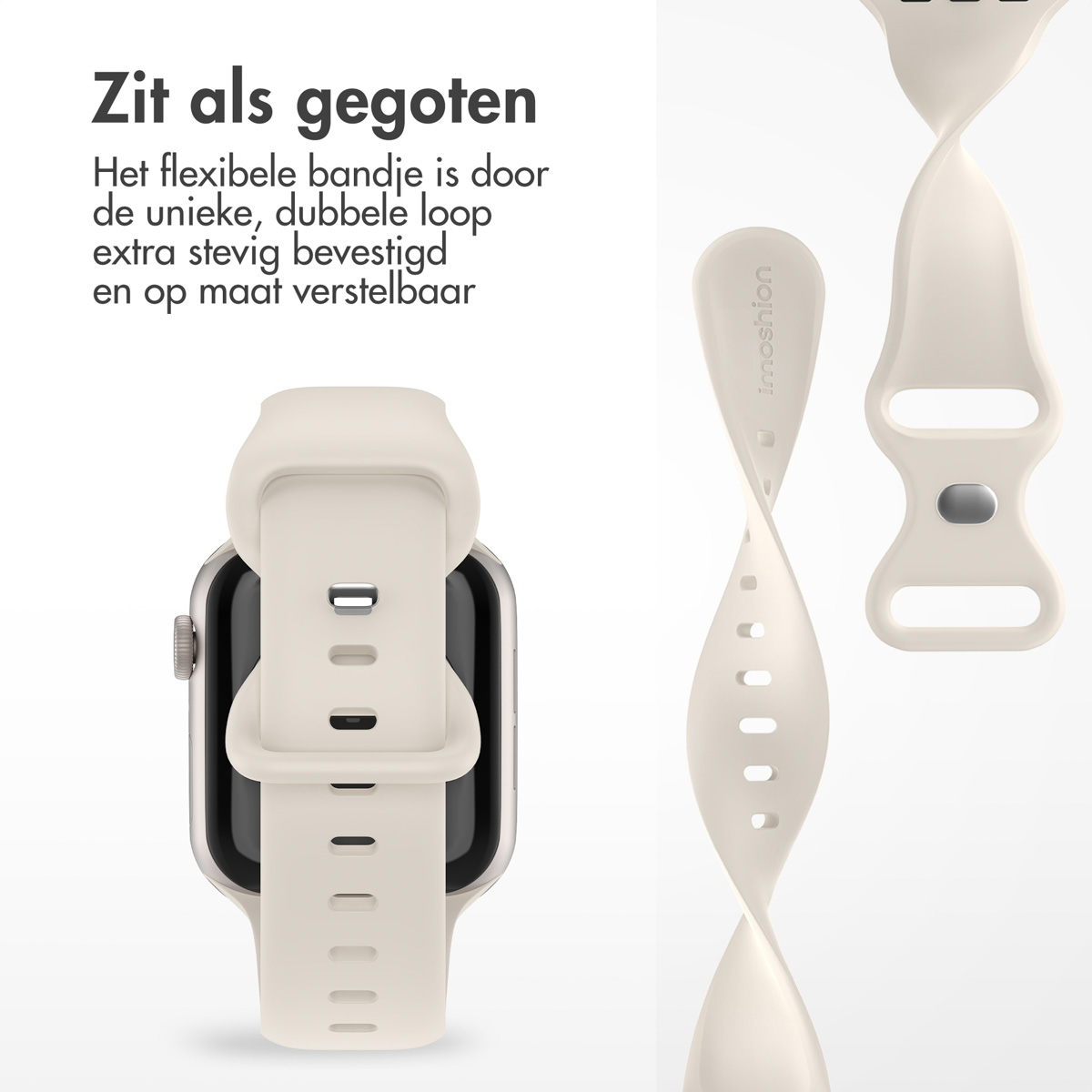 A watch with a cream band. There is a separate band and another attached to the watch, showing details.