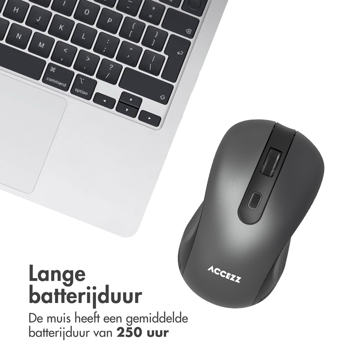 Ein Laptop und eine graue kabellose Maus auf weißer Oberfläche.