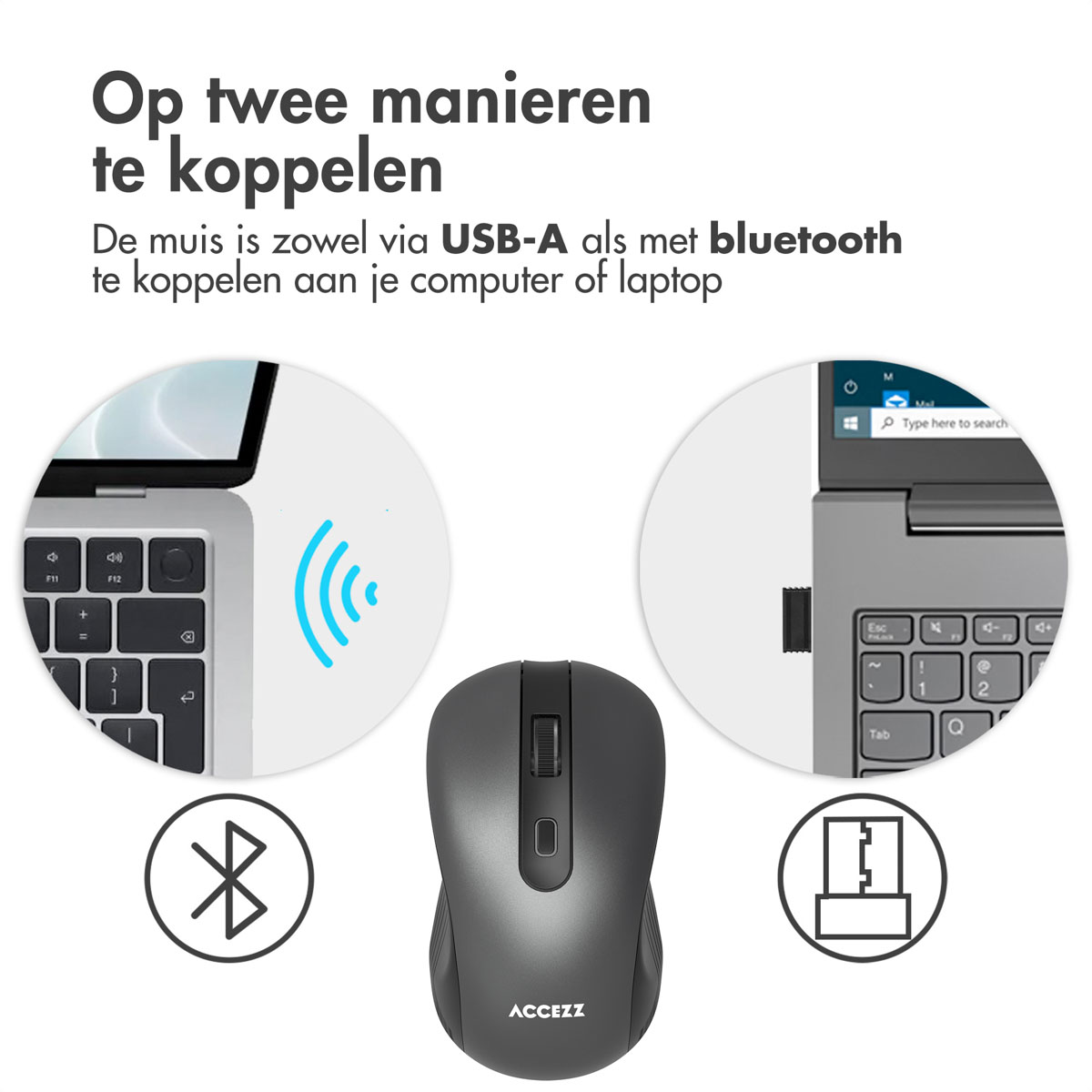 Eine graue Maus mit USB-A-Anschluss und Bluetooth. Zwei Bilder zeigen die Maus, die sich mit einem Gerät verbindet.
