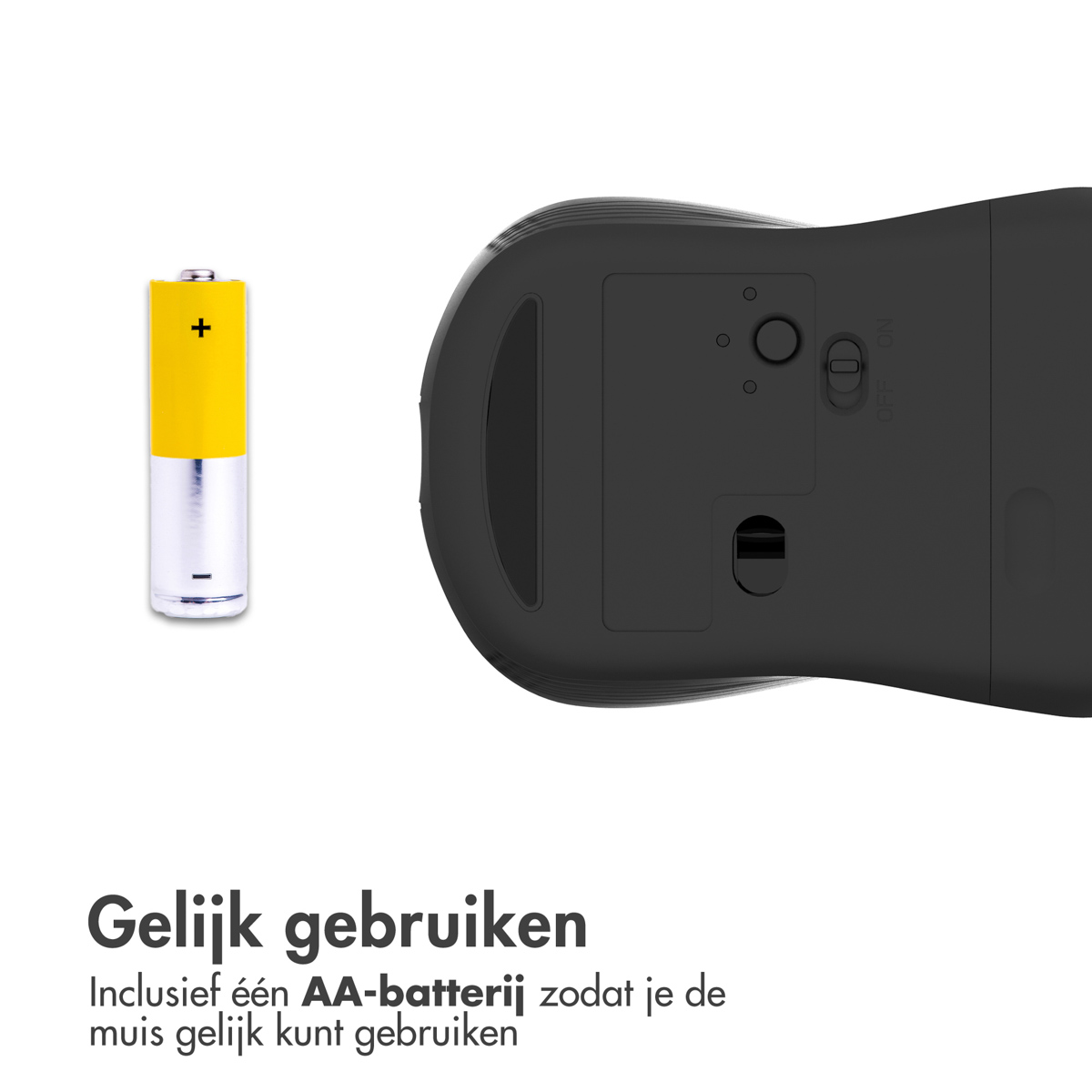 Eine AA-Batterie neben einer schwarzen Computermaus mit Ein/Aus-Schalter.
