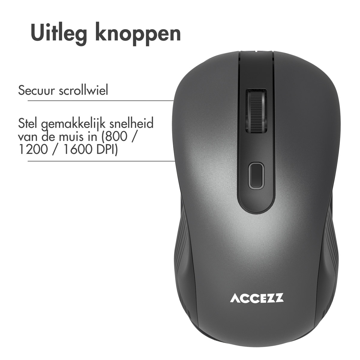 Eine graue Maus mit Scrollrad und zwei Tasten. Text auf die Maus zeigend: 'Erklärung der Tasten'.