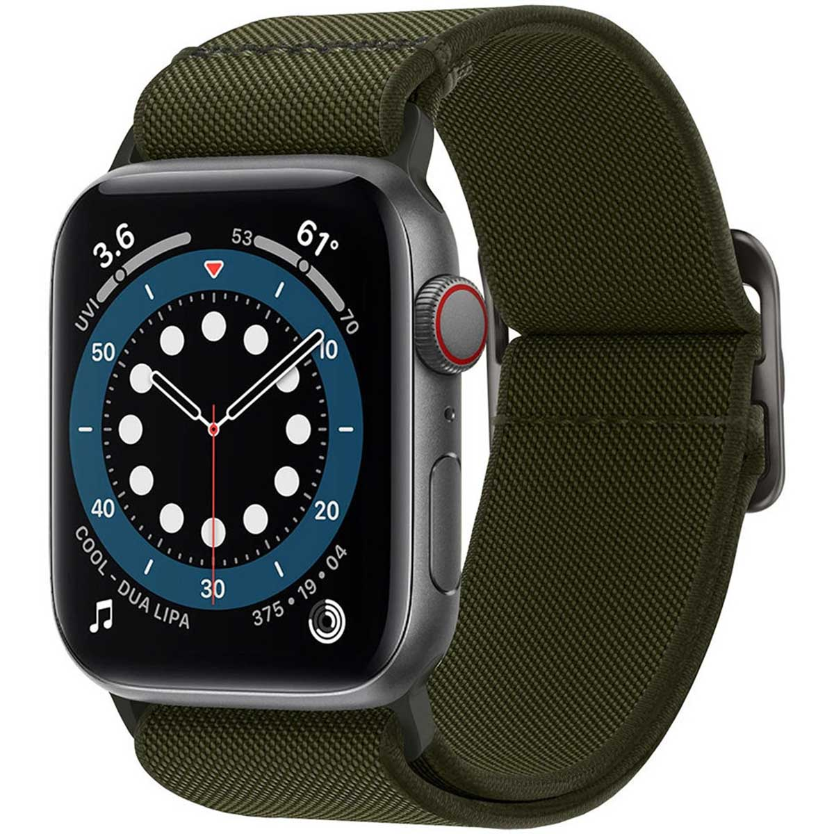 Apple watch with green strap. Watch face shows time and health metrics.
