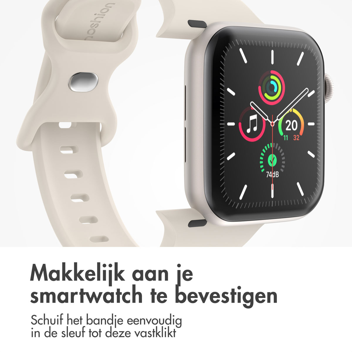 White smartwatch and band. Watch face has icons and a black background.