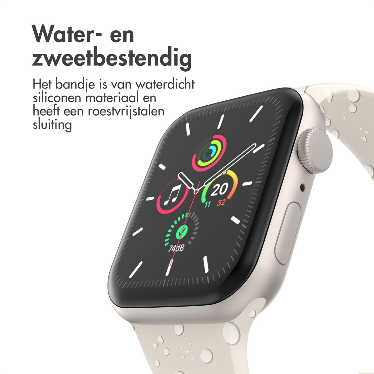 Smartwatch with white band, showing time and activity data. Text: water and sweat resistant.