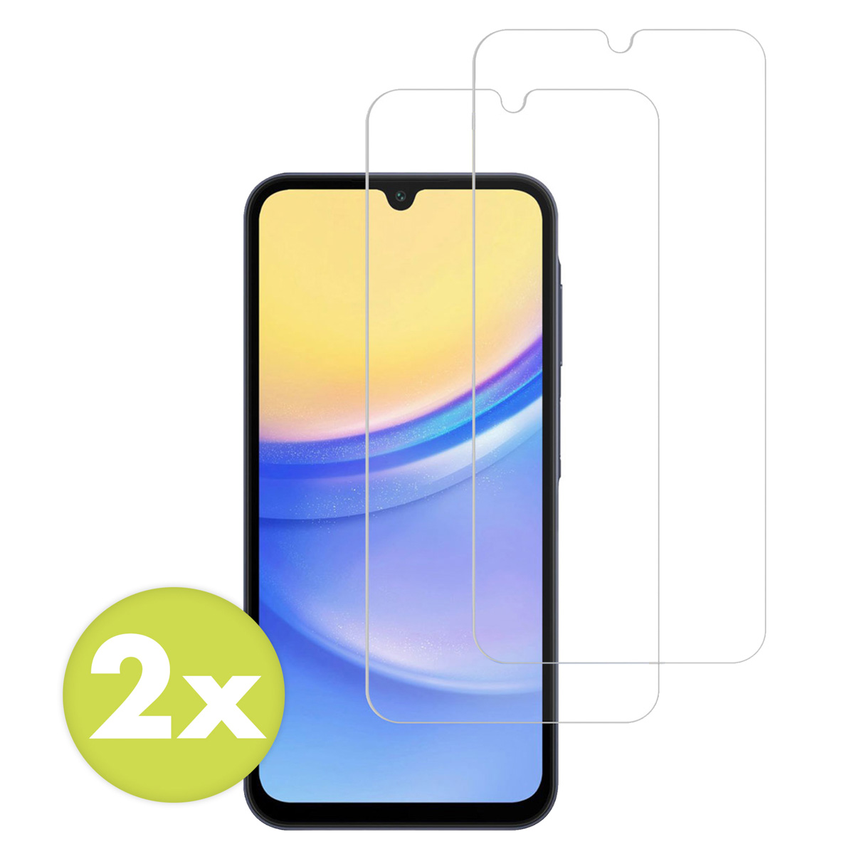 Telefoonschermbeschermer met twee beschermers en groene cirkel met '2x'.