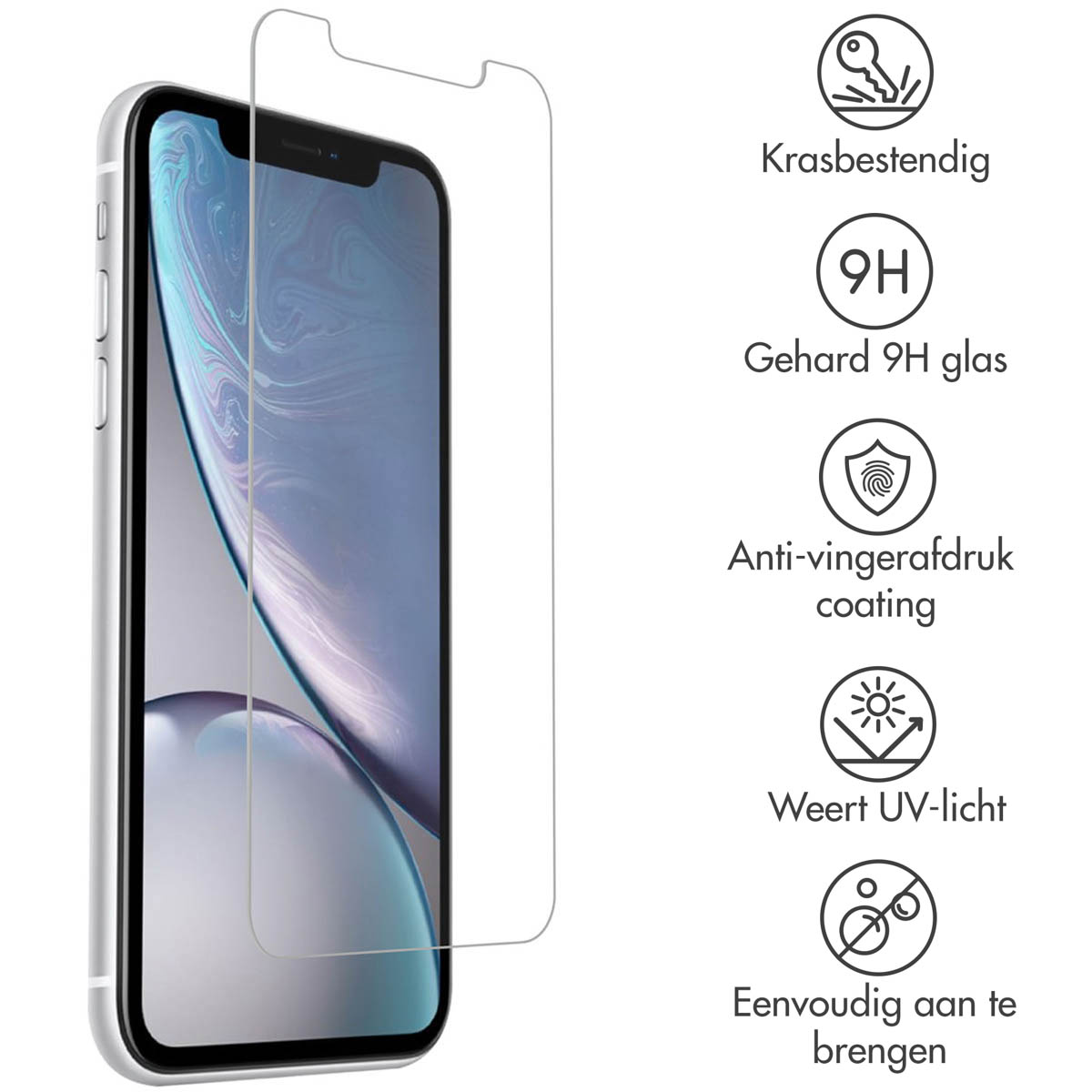 Téléphone avec protecteur d'écran et icônes décrivant les fonctionnalités.