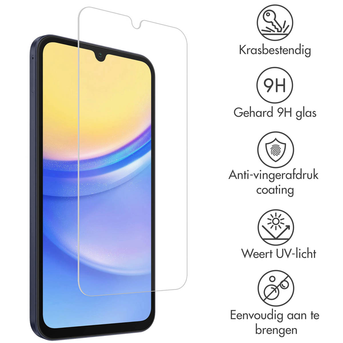 Een smartphone met een schermbeschermer. De telefoon is blauw met een heldere schermbeschermer erop. Pictogrammen rechts.