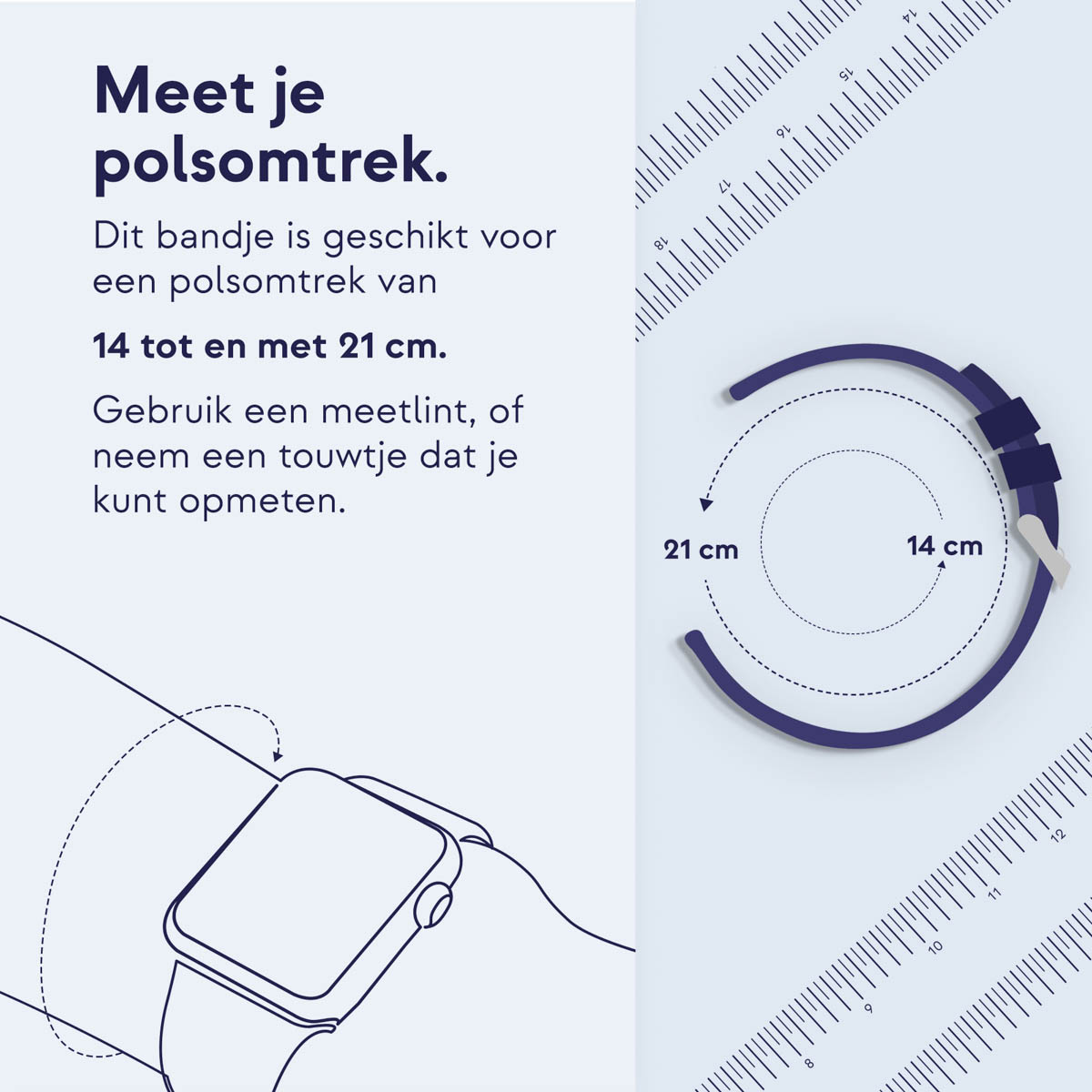 Diagram shows measuring wrist for a watch, with 14-21 cm range.