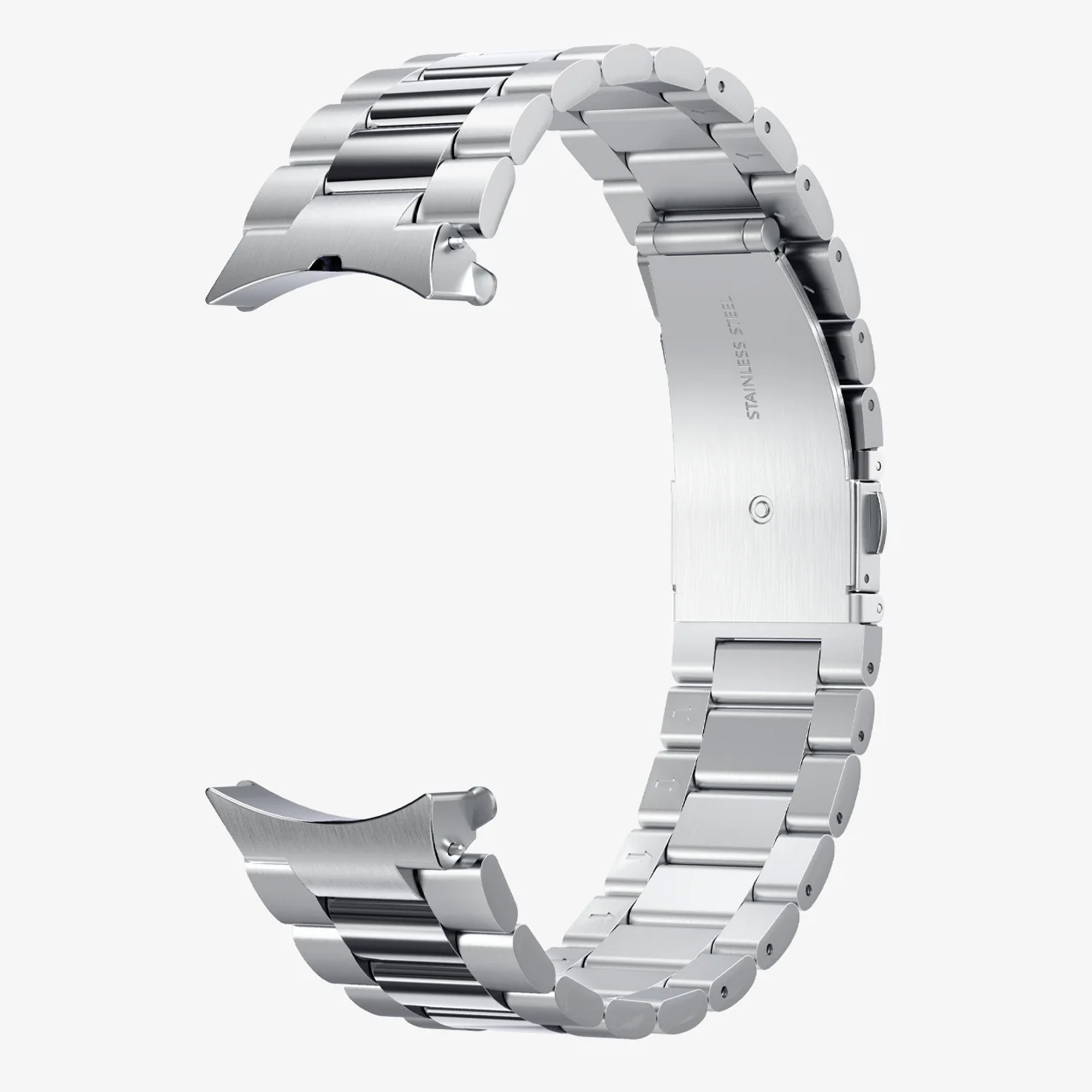 Ein silbernes Uhrenarmband aus Edelstahl, gebogen und offen.