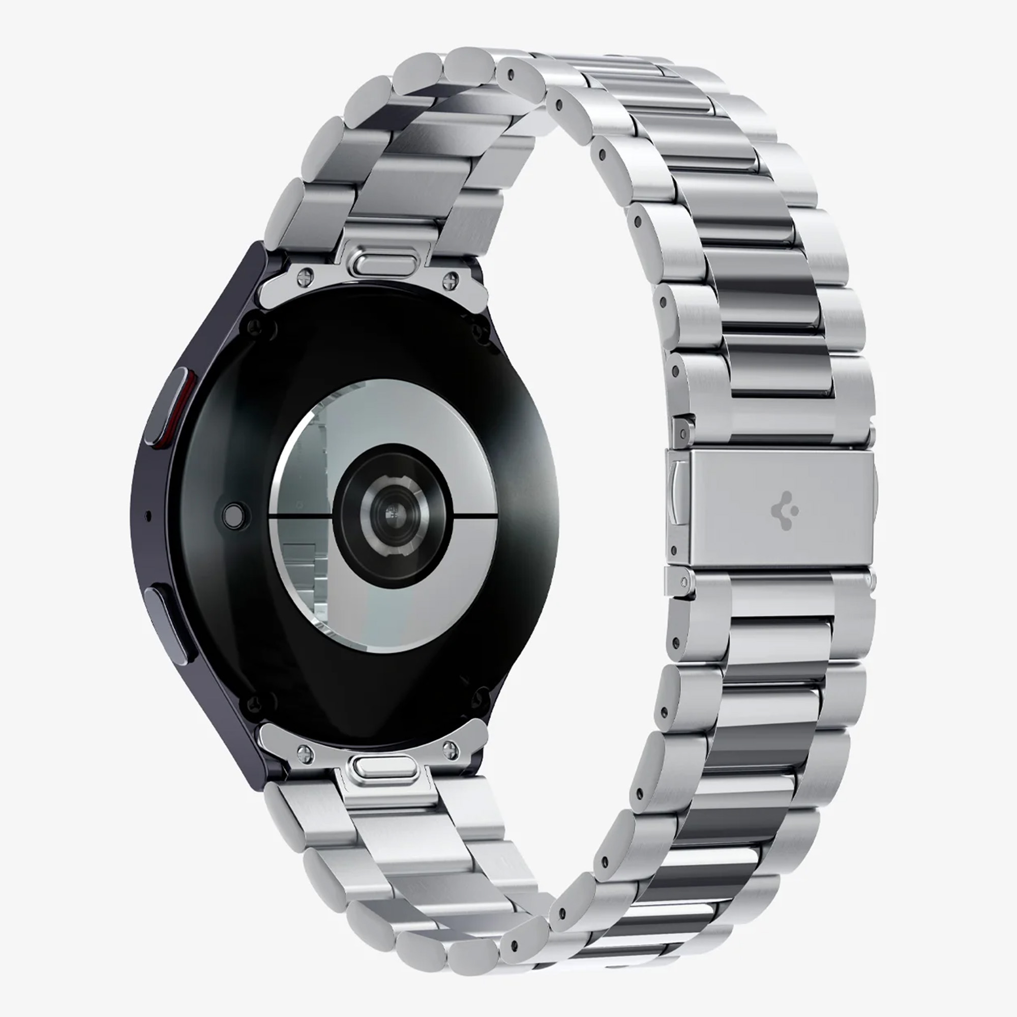 Silberne Smartwatch mit Metallband, Rückansicht. Das Band ist abgenommen.