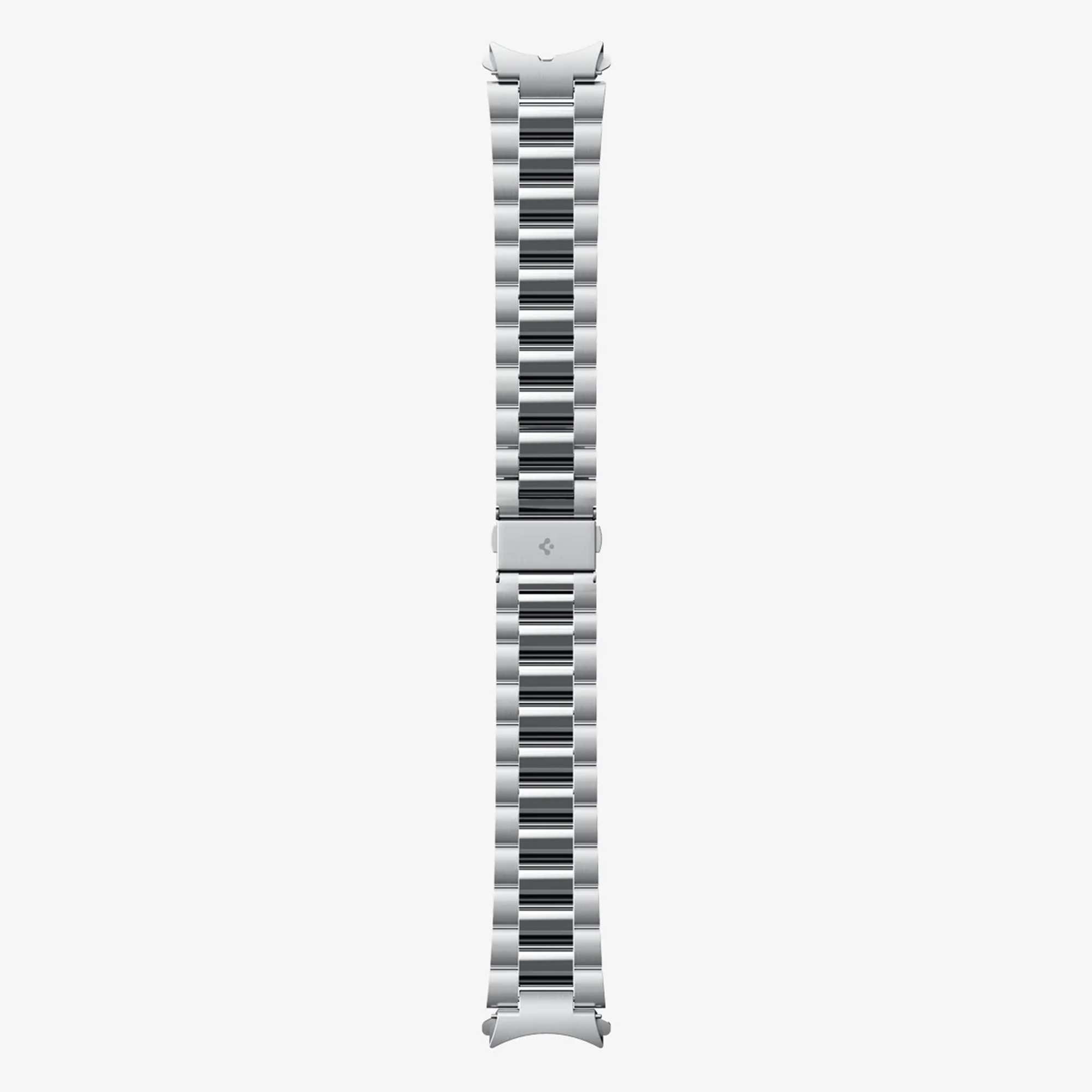 Ein silbernes Uhrenarmband mit Metallgliederdesign, isoliert vor weißem Hintergrund.