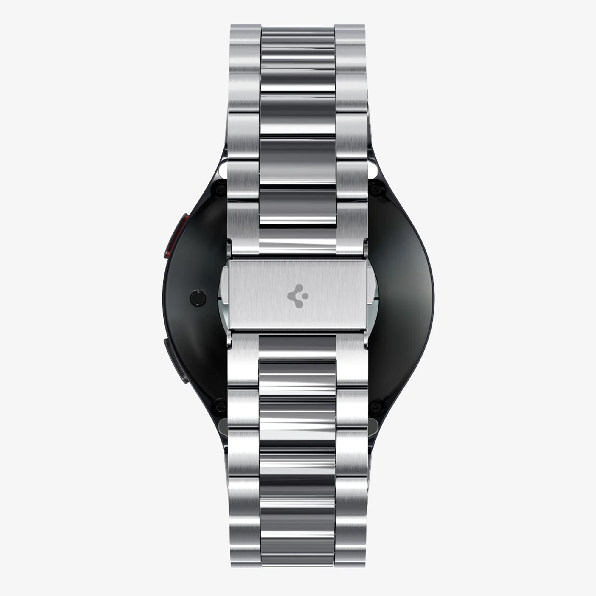 Silberne Uhr. Das Zifferblatt ist schwarz mit silbernem Armband und Verschluss.