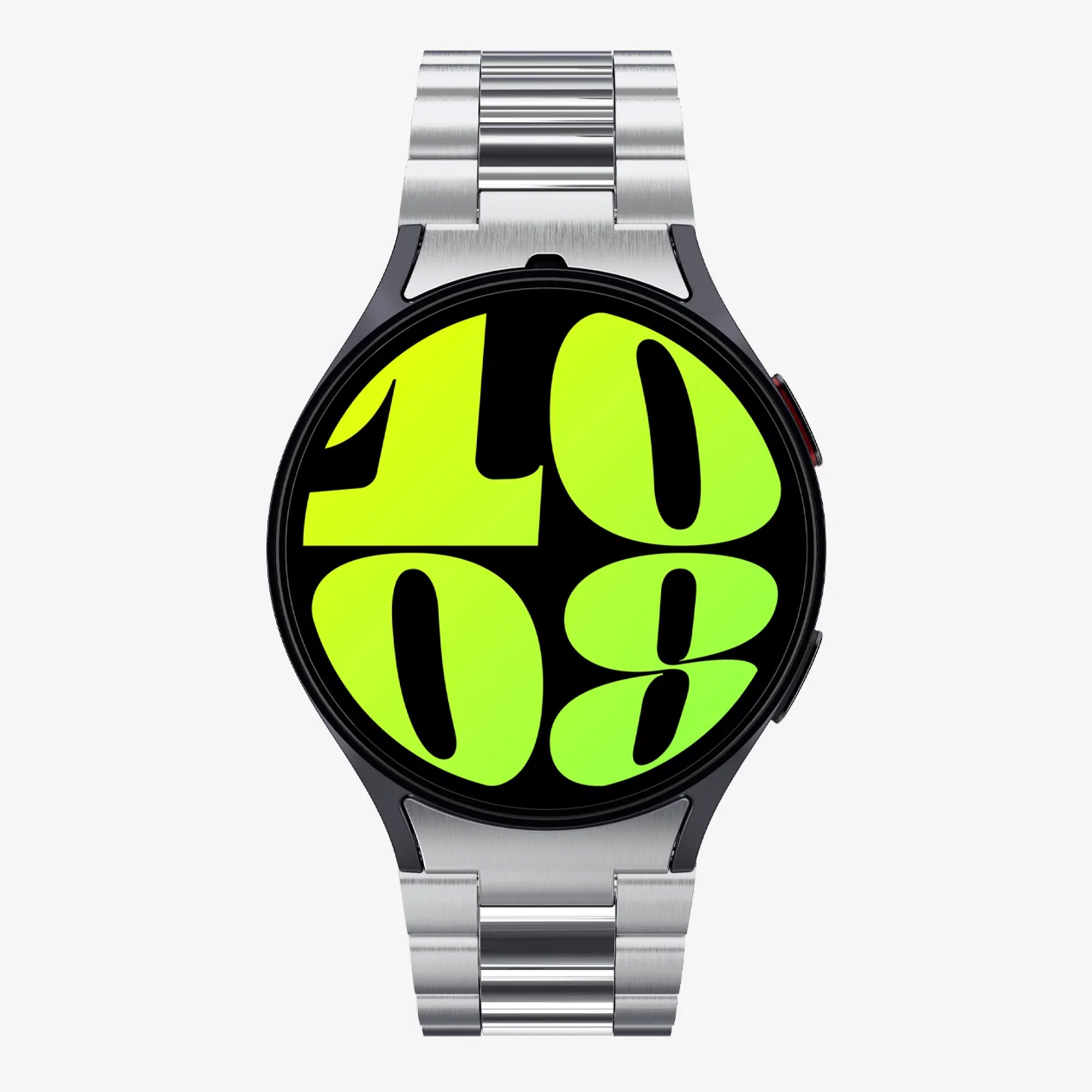 Eine silberne Smartwatch, die die Uhrzeit 10:08 auf grünem und schwarzem Hintergrund anzeigt.