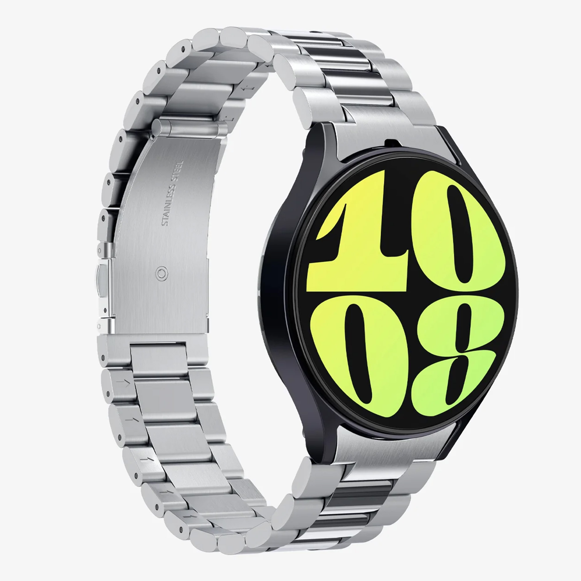 Silbernes Uhrenarmband an einer Uhr befestigt. Das Zifferblatt ist sichtbar.