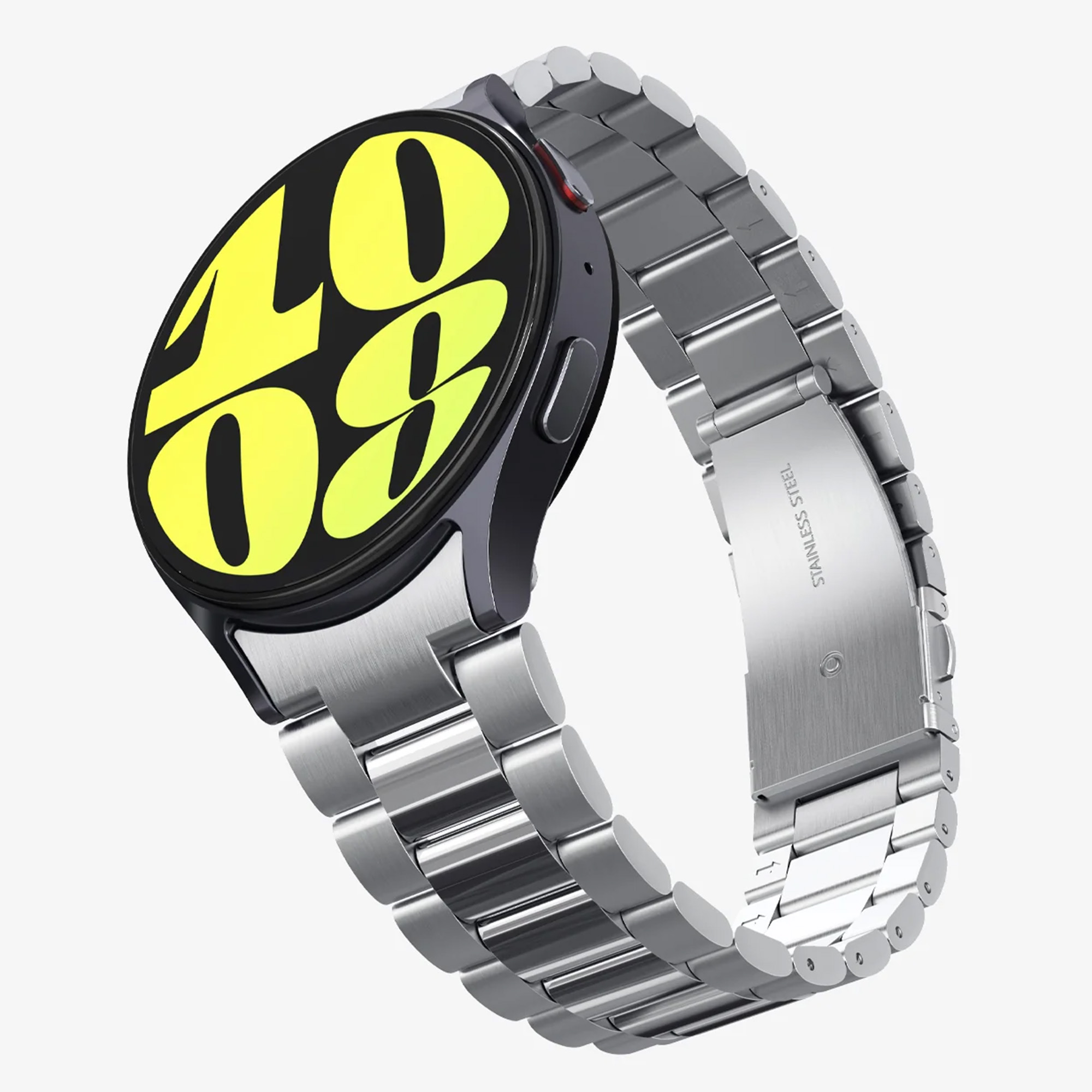 Eine silberne Smartwatch mit gelbem Display, das die Uhrzeit anzeigt, und Edelstahlarmband.
