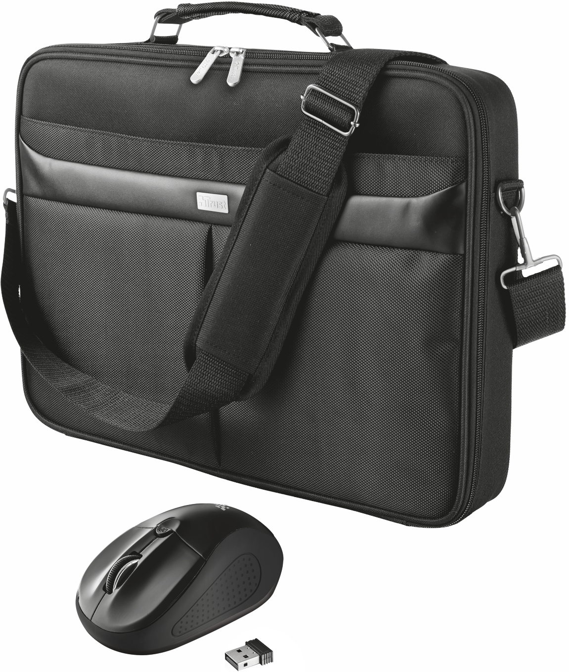 Schwarze Laptoptasche mit Schultergurt und eine schwarze kabellose Maus mit USB-Empfänger.
