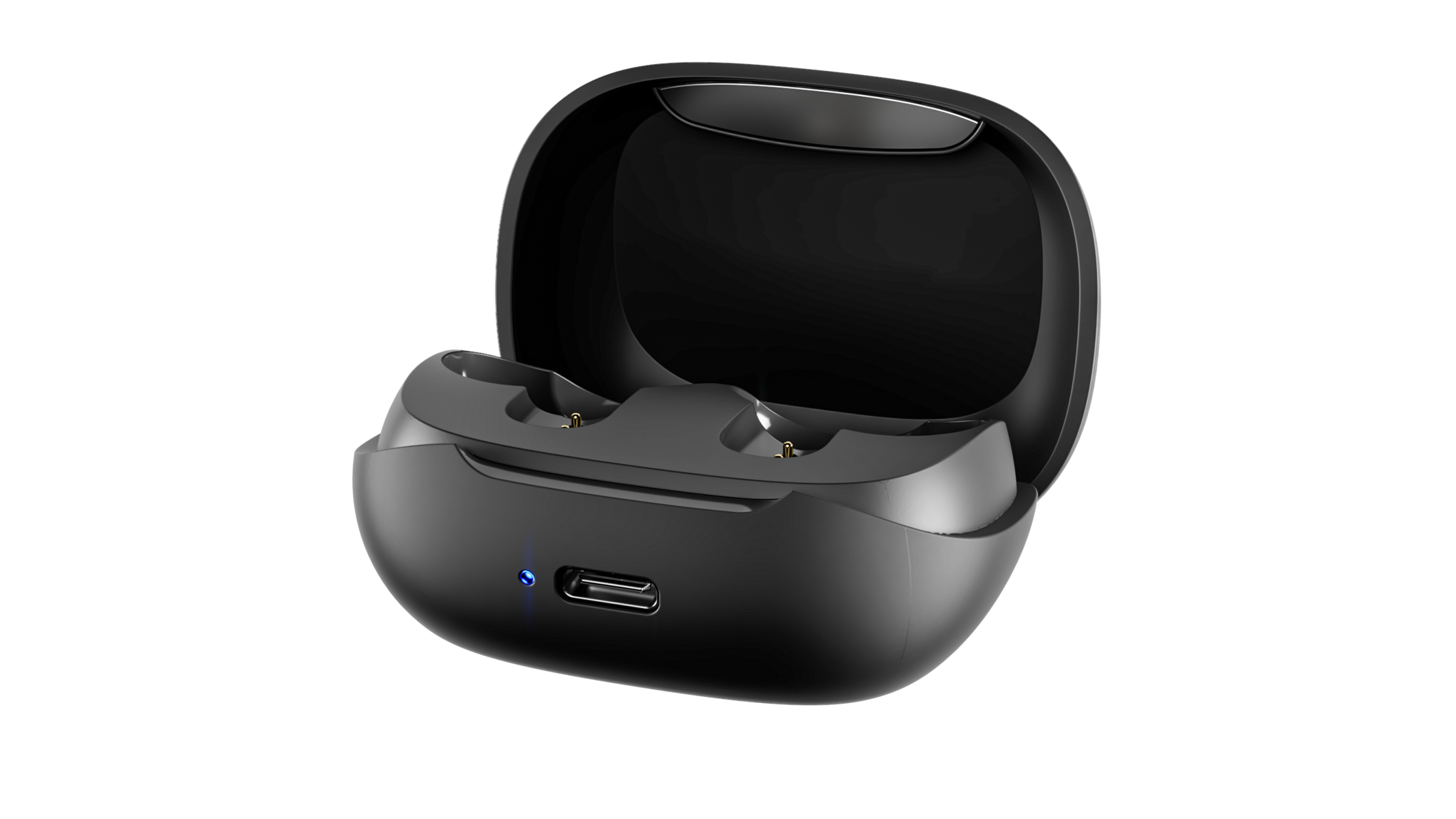 Czarny futerał ładujący do słuchawek. Etui jest otwarte, pokazując gniazda ładowania. Port USB-C na dole.