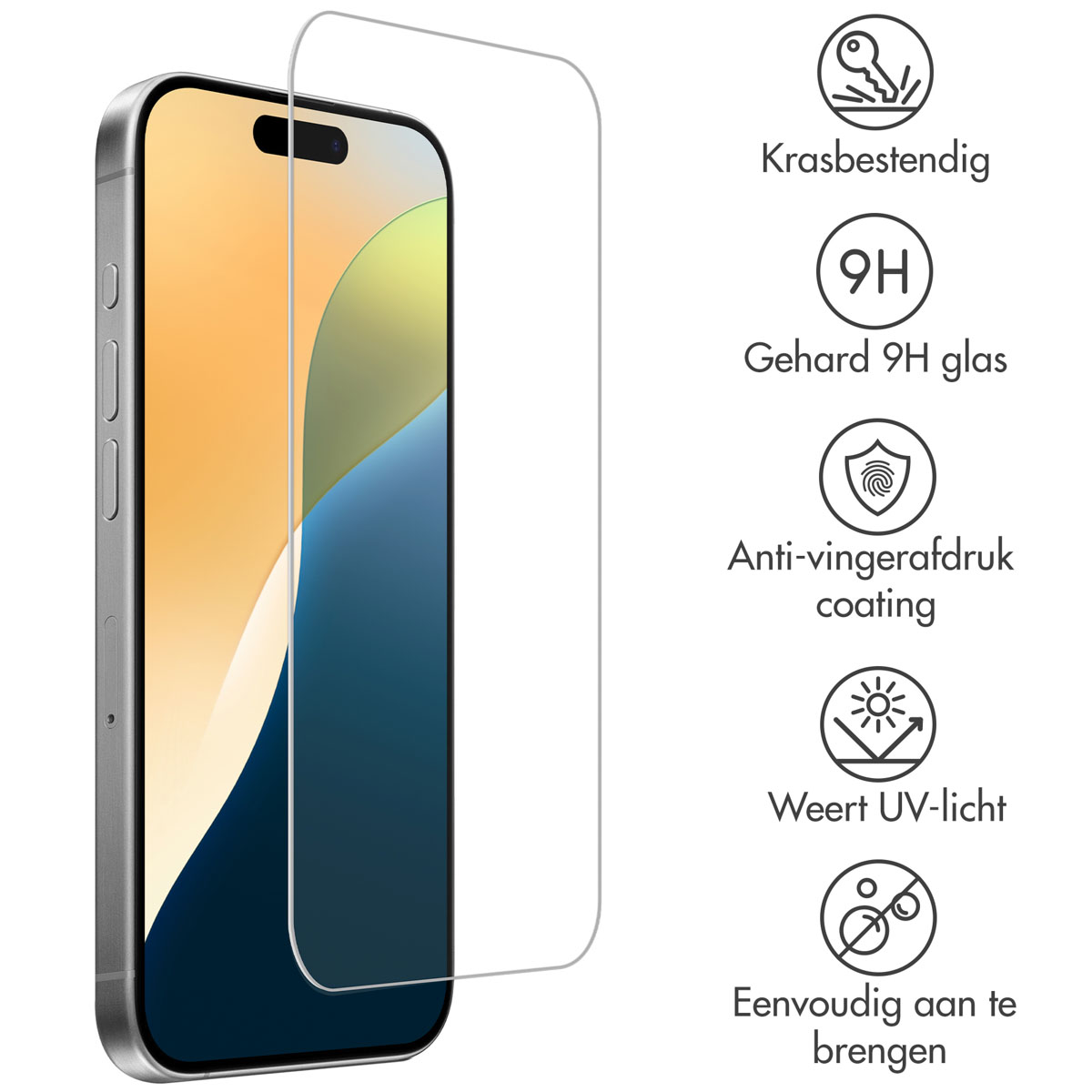Un téléphone avec un protecteur d'écran à côté. Les icônes indiquent des fonctionnalités telles que la résistance aux rayures.