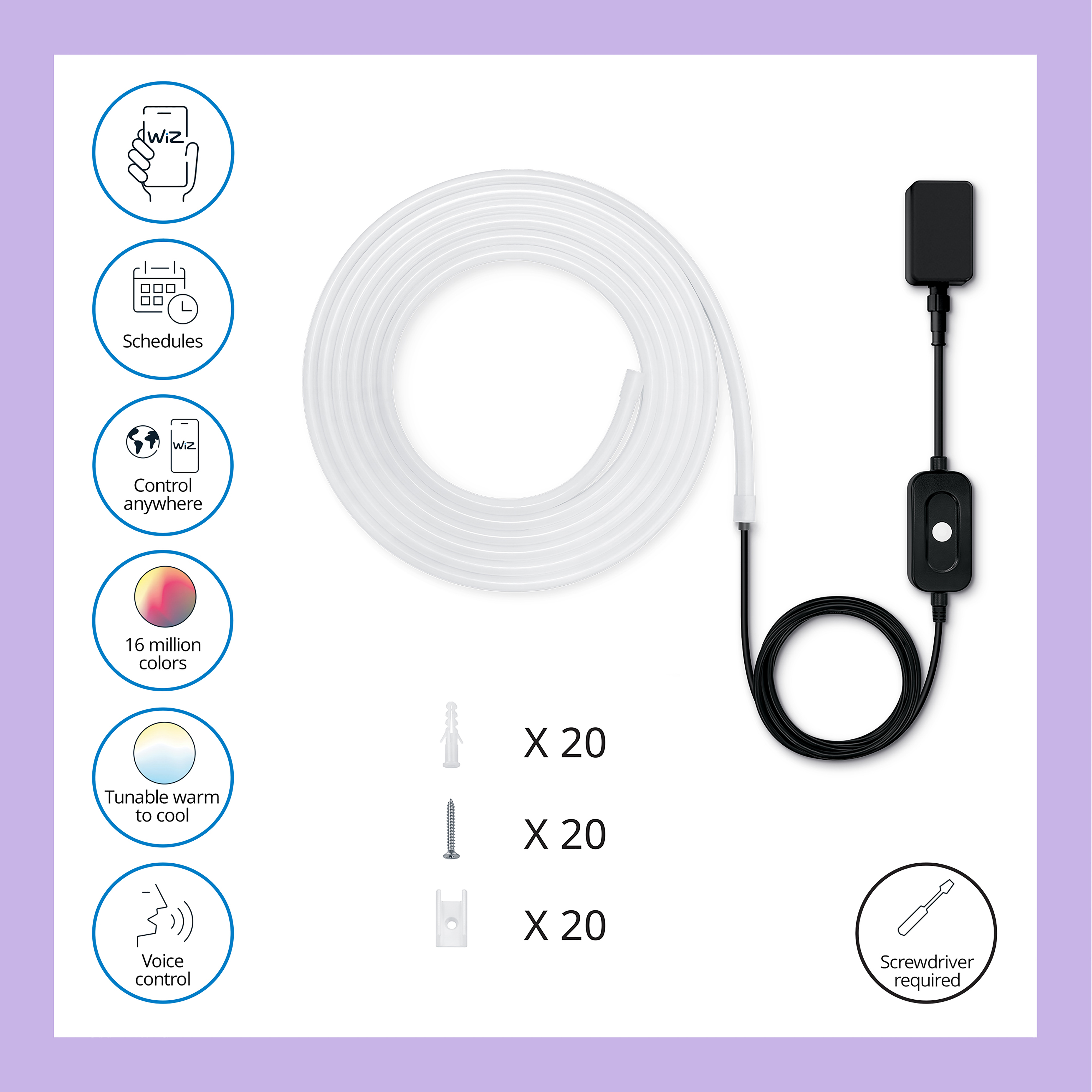 A roll of white led lights with a black controller and accessories. The image has icons representing features.