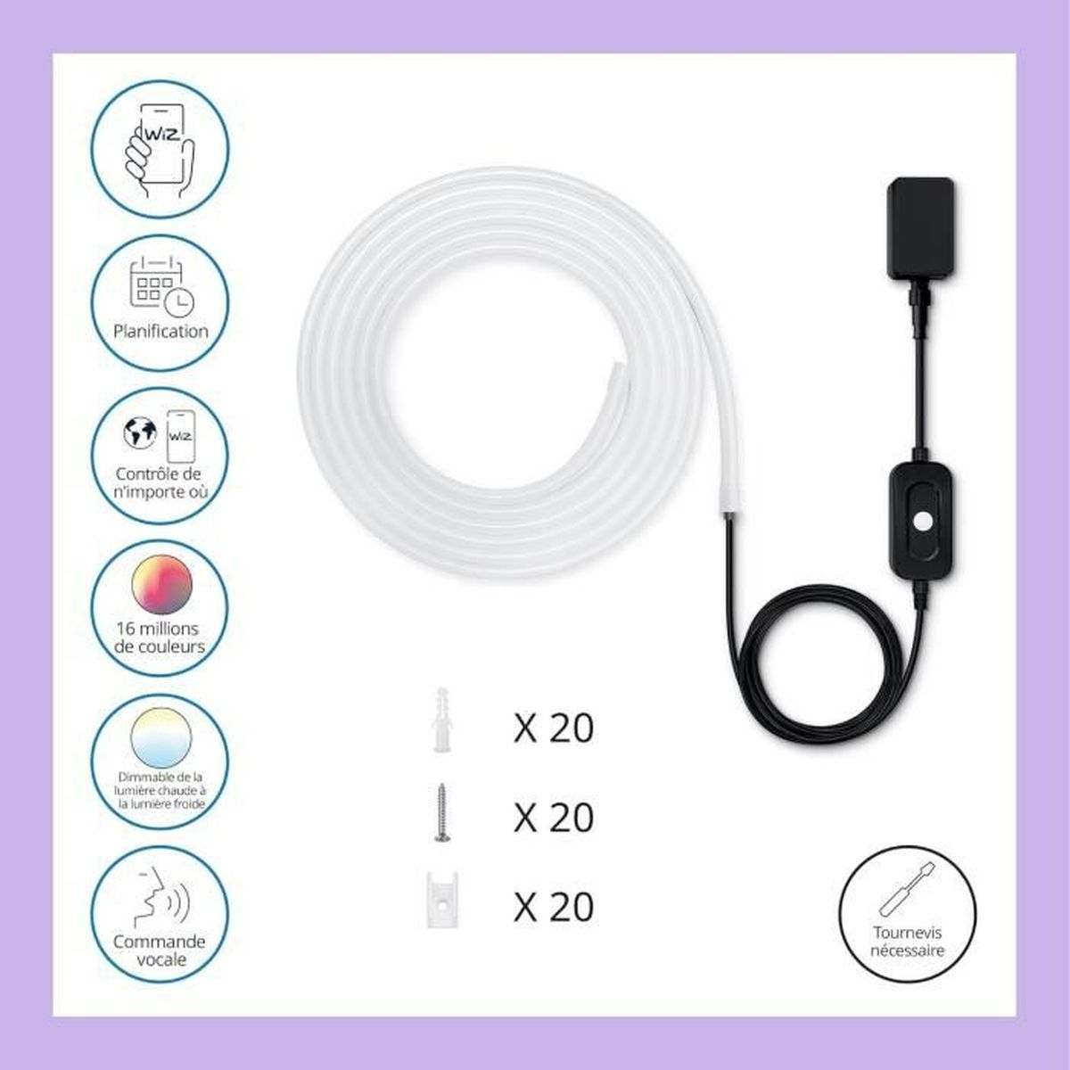 Set of smart home light strips with icons for control and accessories.