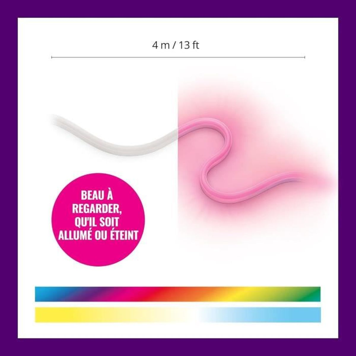 A flexible pink light strip, with a white section. A pink circle with text and a color gradient is shown.