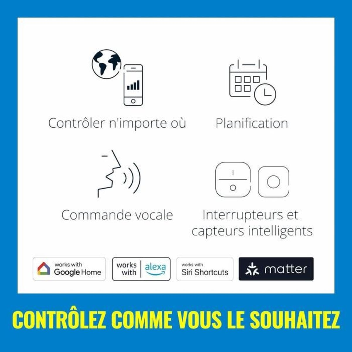 Icons for smart home control, including a phone, calendar, voice command, and smart switches.