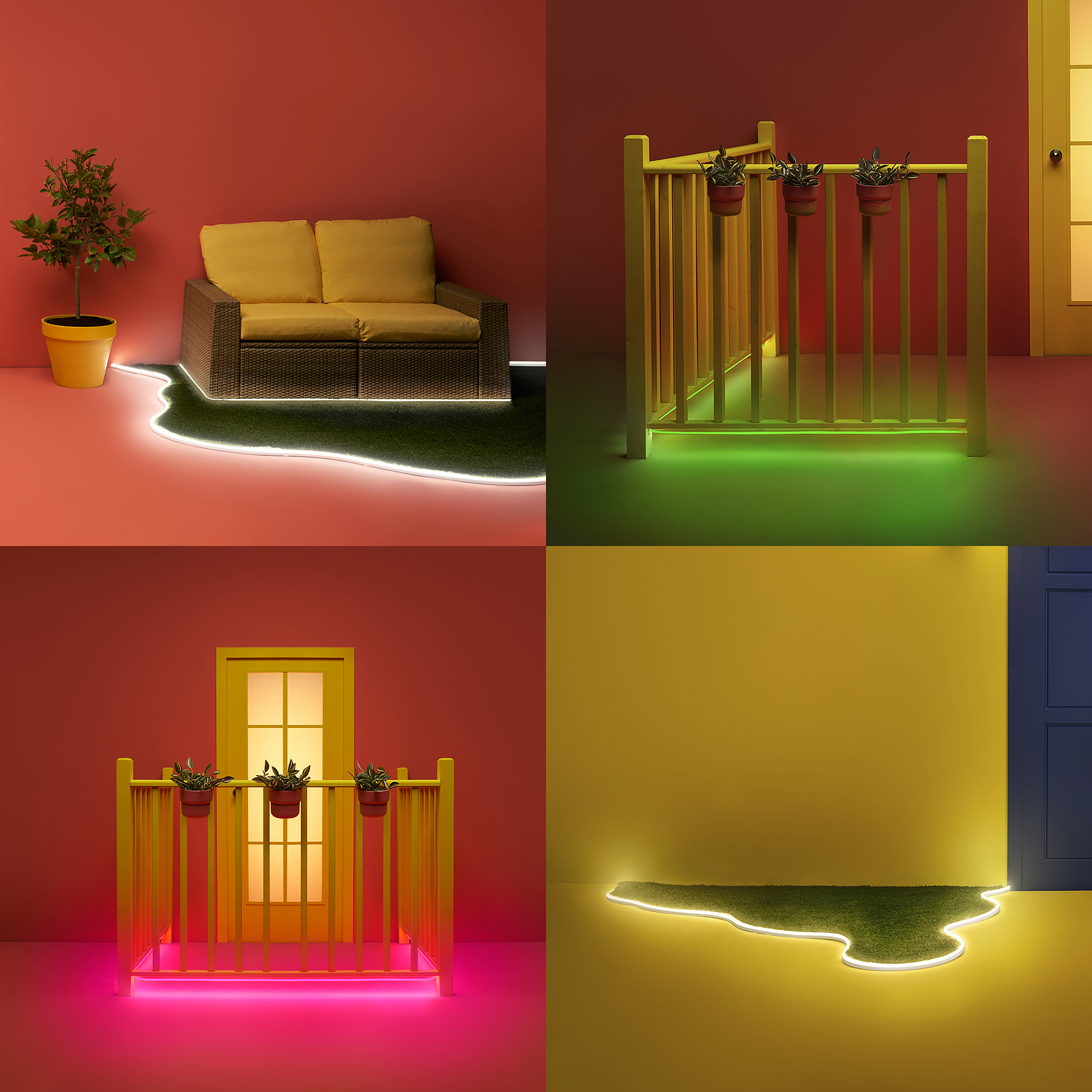 Four images of an outdoor scene with yellow structures and artificial turf. Red and yellow color scheme.