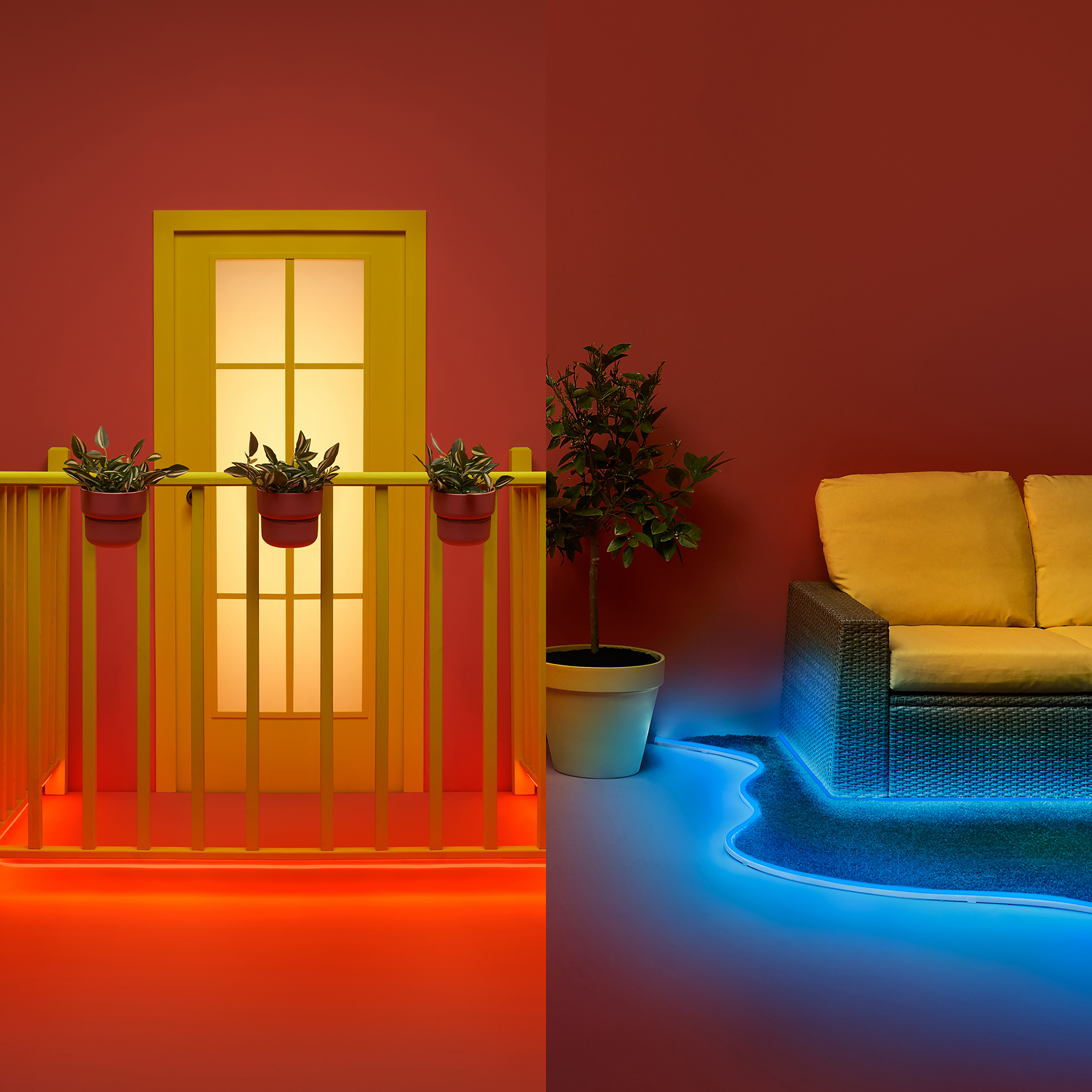 A room with a balcony, sofa, and a neon-lit floor, with a red and blue color scheme.