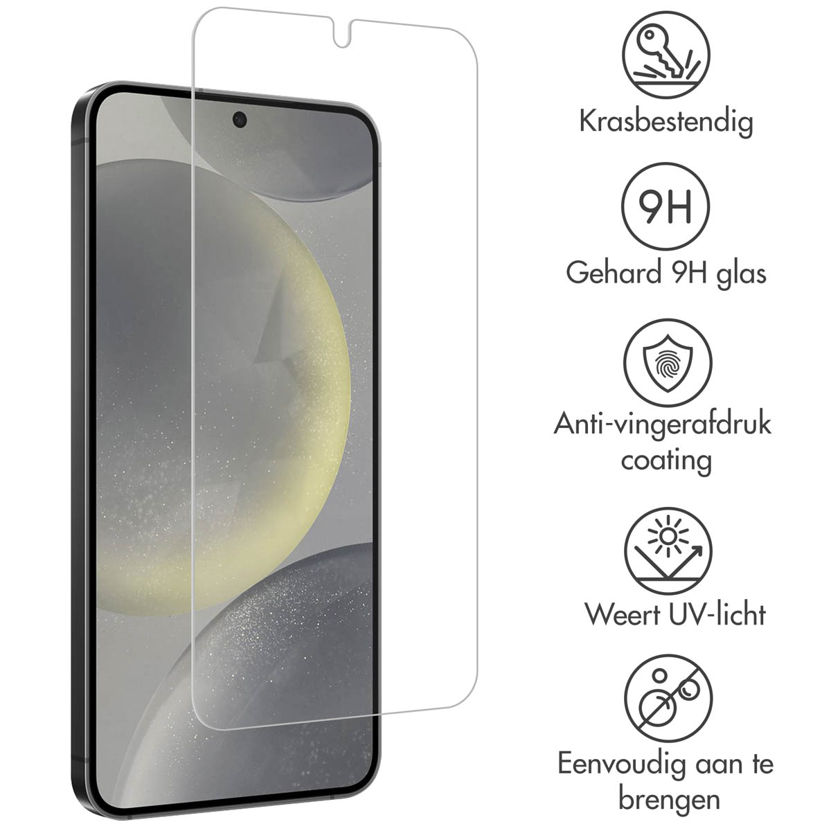 Téléphone avec protecteur d'écran et icônes décrivant les fonctionnalités.