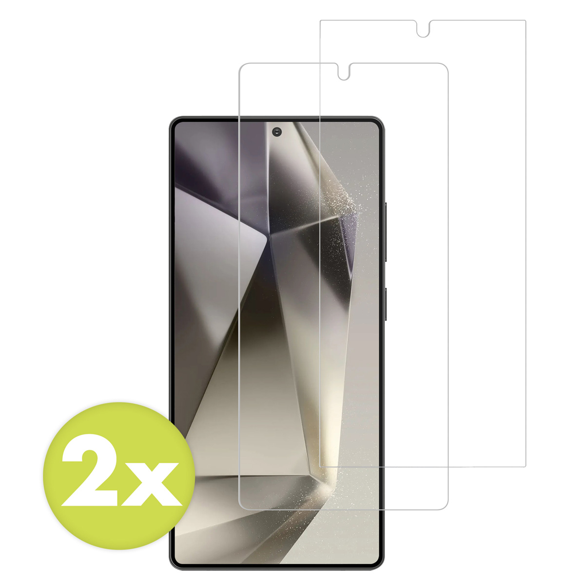 Due protezioni schermo per un telefono, mostrate su un telefono. Cerchio verde con testo 2x.