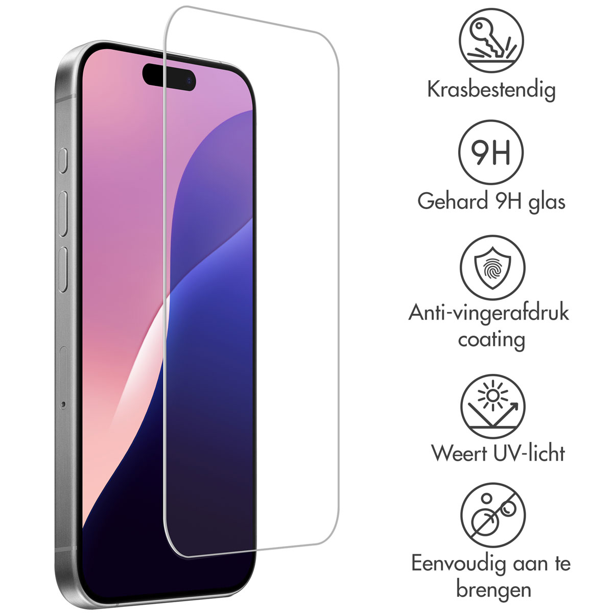 Un téléphone avec un protecteur d'écran à côté. Les icônes indiquent des fonctionnalités telles que la résistance aux rayures.