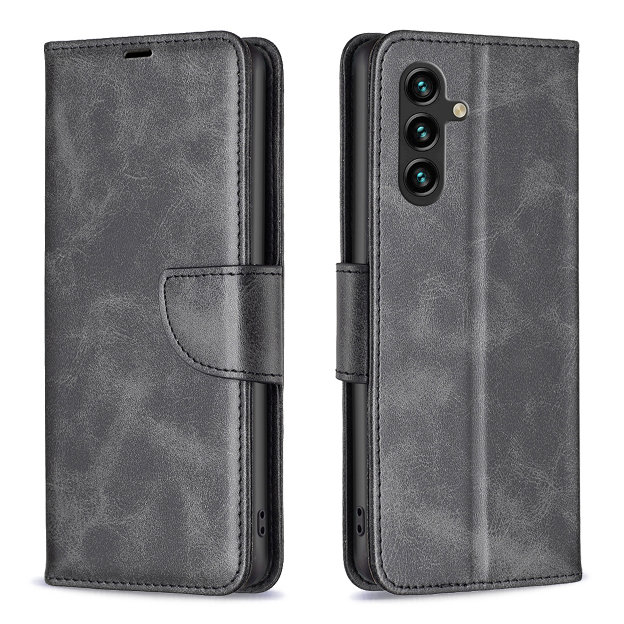 Een grijze leren telefoonhoes, open om de telefoon te tonen, met een magnetische sluiting.