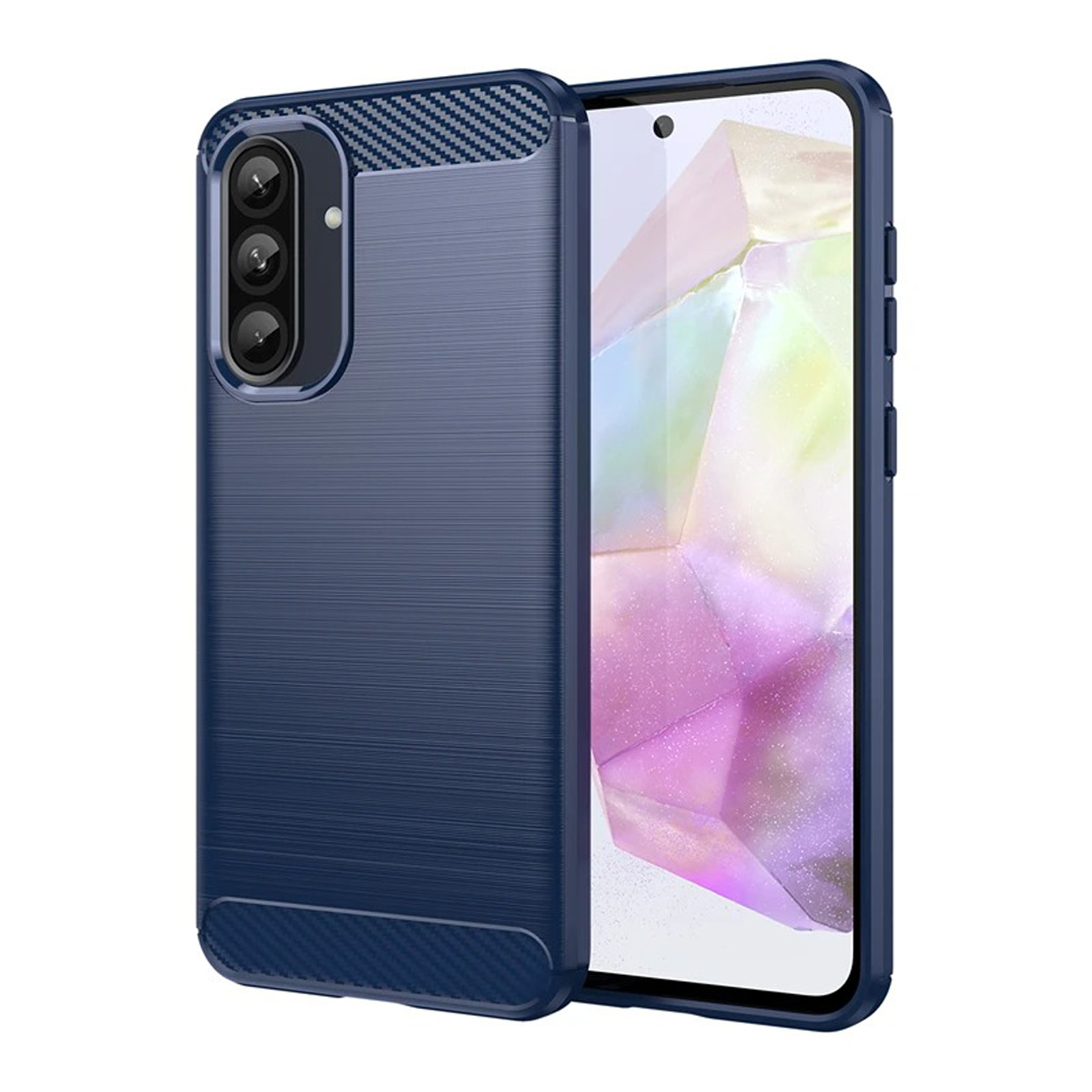 Coque de téléphone bleu foncé avec dos texturé, et un téléphone à l'intérieur.