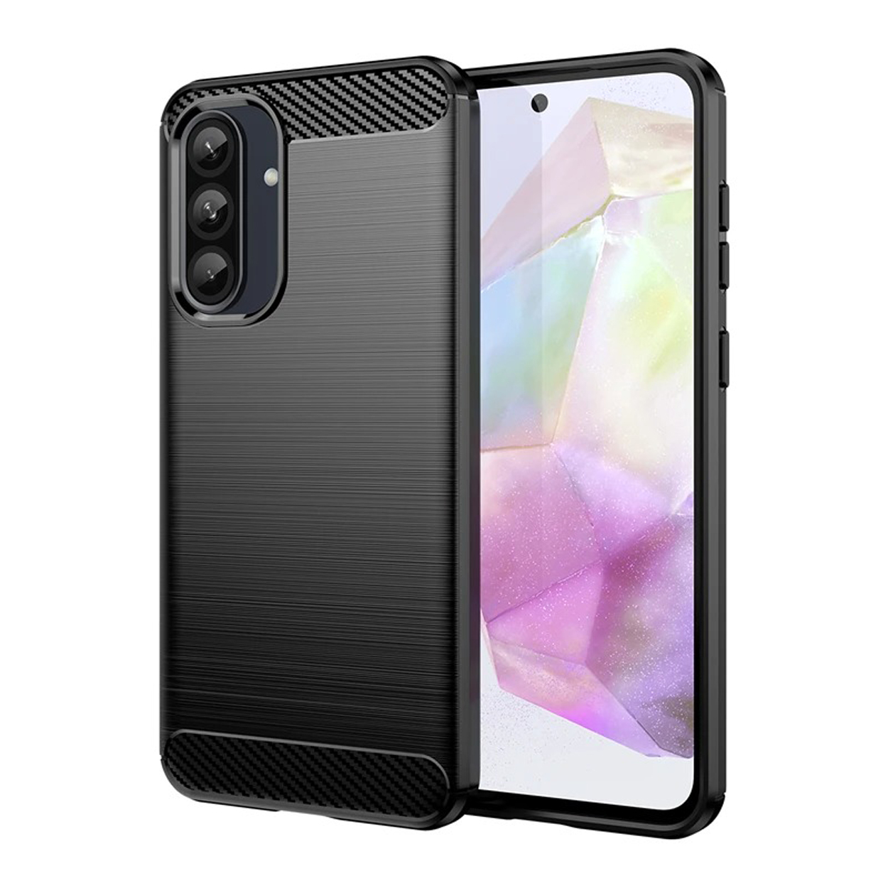 Coque de téléphone noire avec des détails en fibre de carbone. La coque a une découpe pour la caméra.