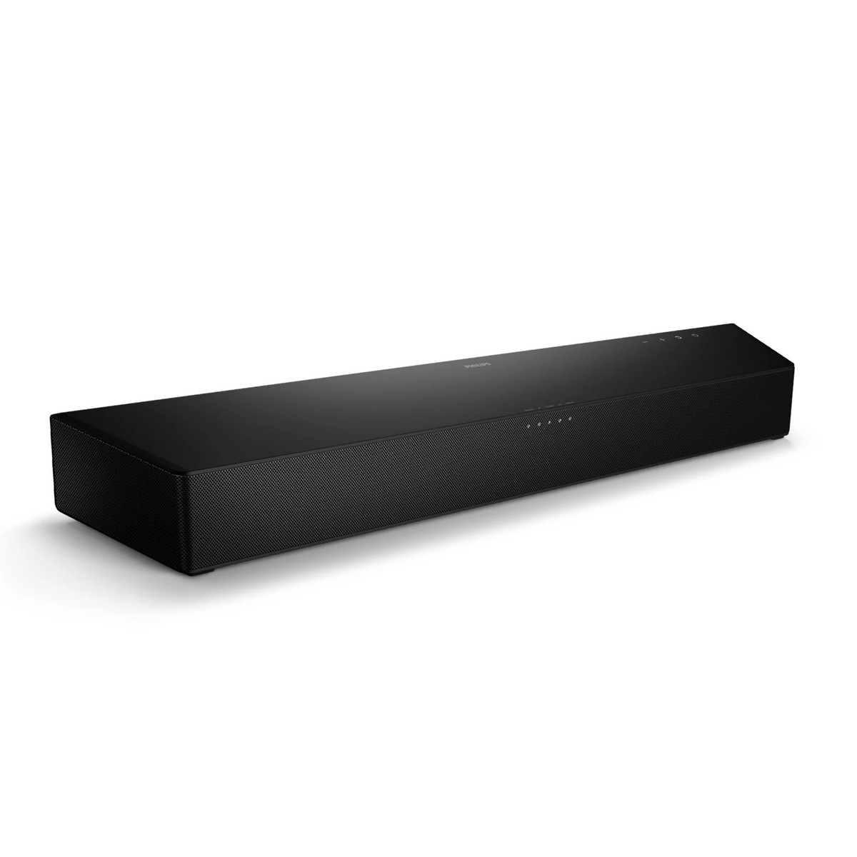Czarny soundbar na białym tle, prostokątny kształt, elegancki design z wieloma przyciskami.