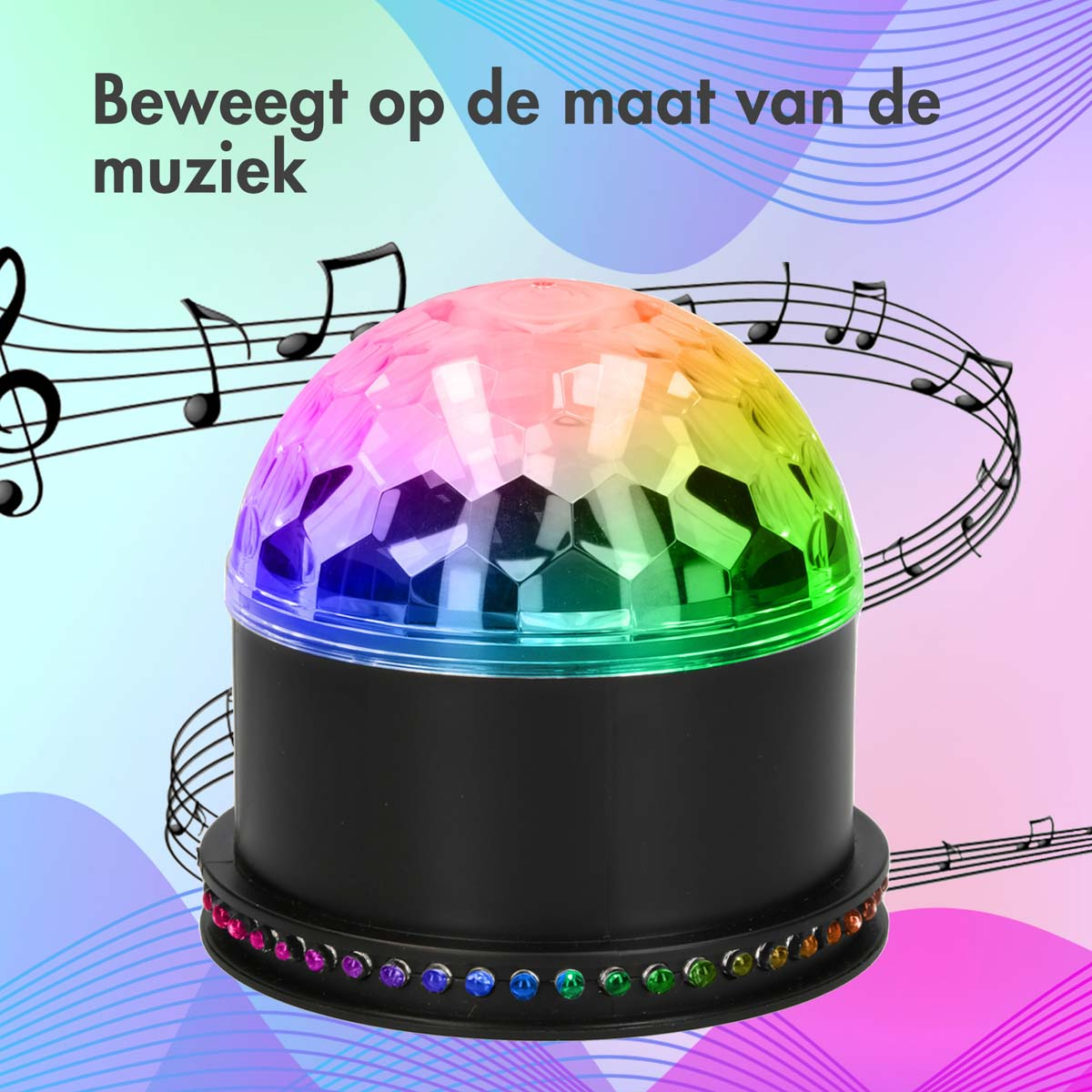 Diskogolf met een regenbooglicht. Muzieknoten staan eromheen.
