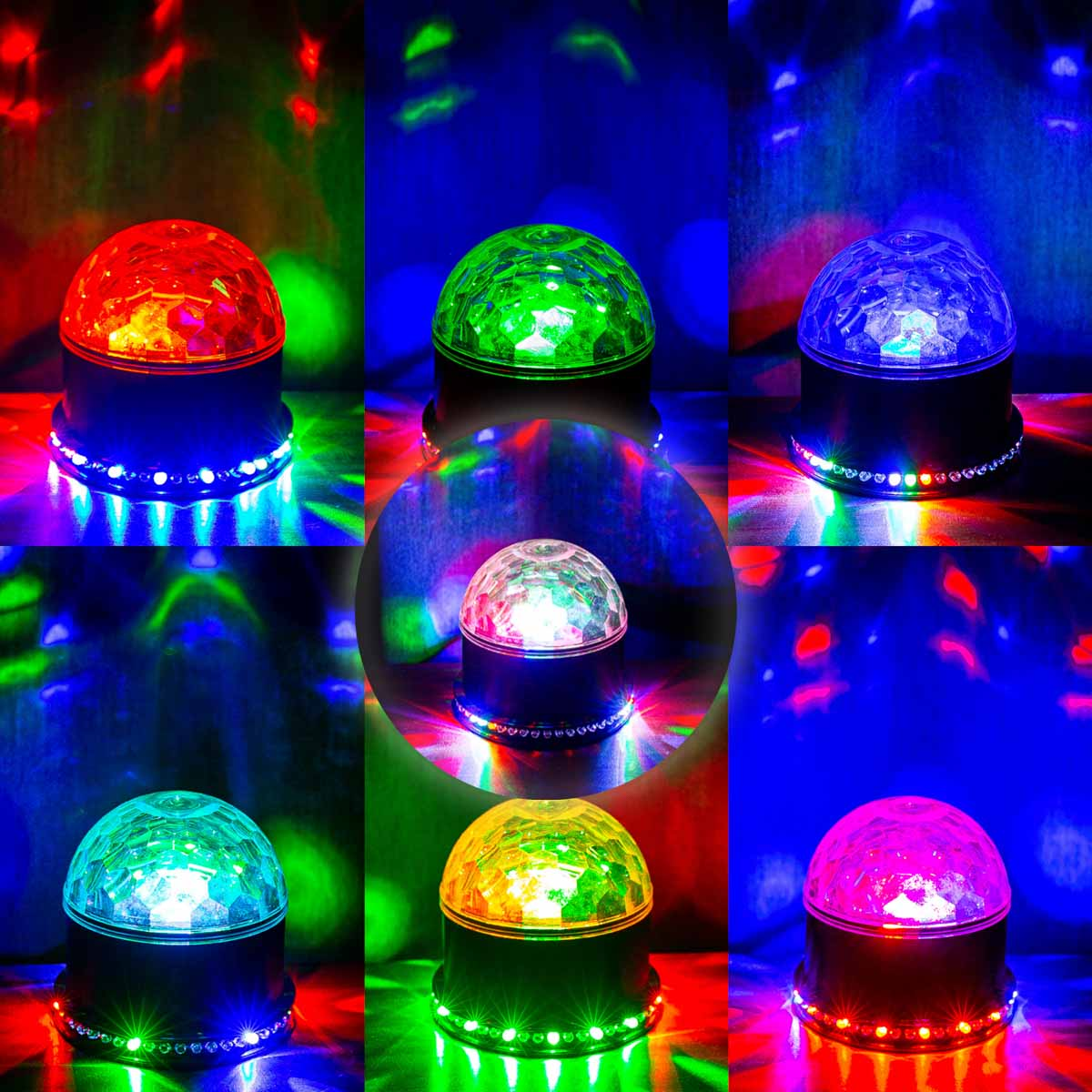 Een raster van discoballen in verschillende kleuren en lichteffecten, tegen een donkere achtergrond.