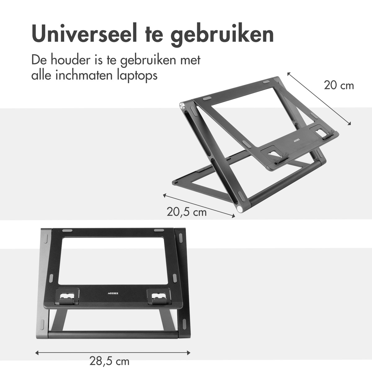 Black laptop stand with dimensions, showing the stand in use and the dimensions in cm.