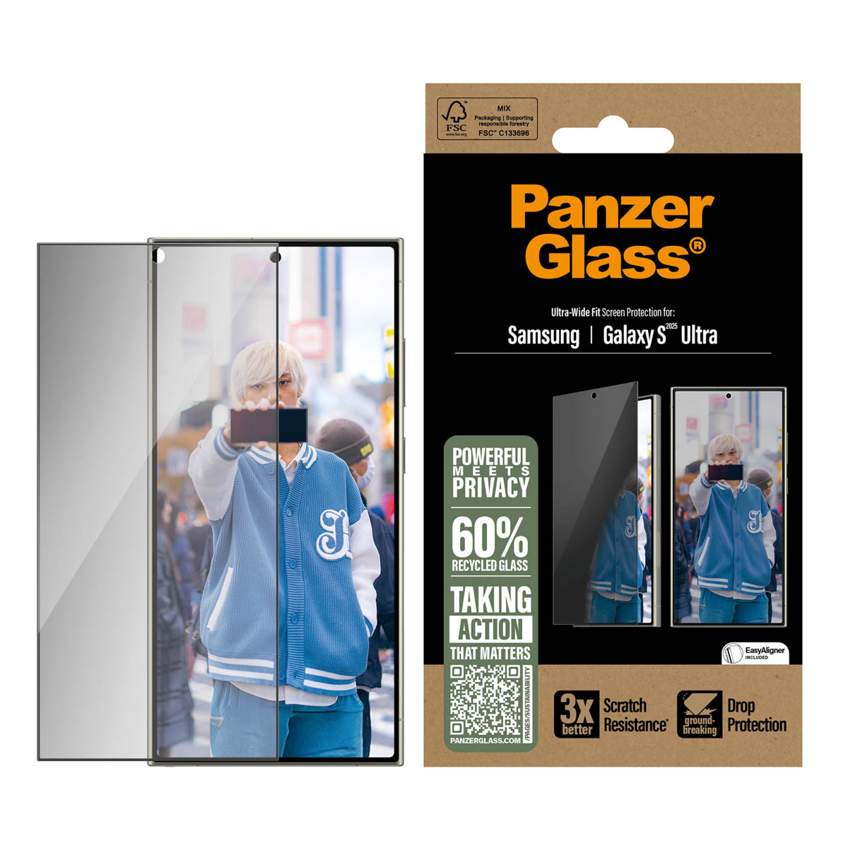 Emballage de protection d'écran PanzerGlass. Avec photo de téléphone, personne et texte.