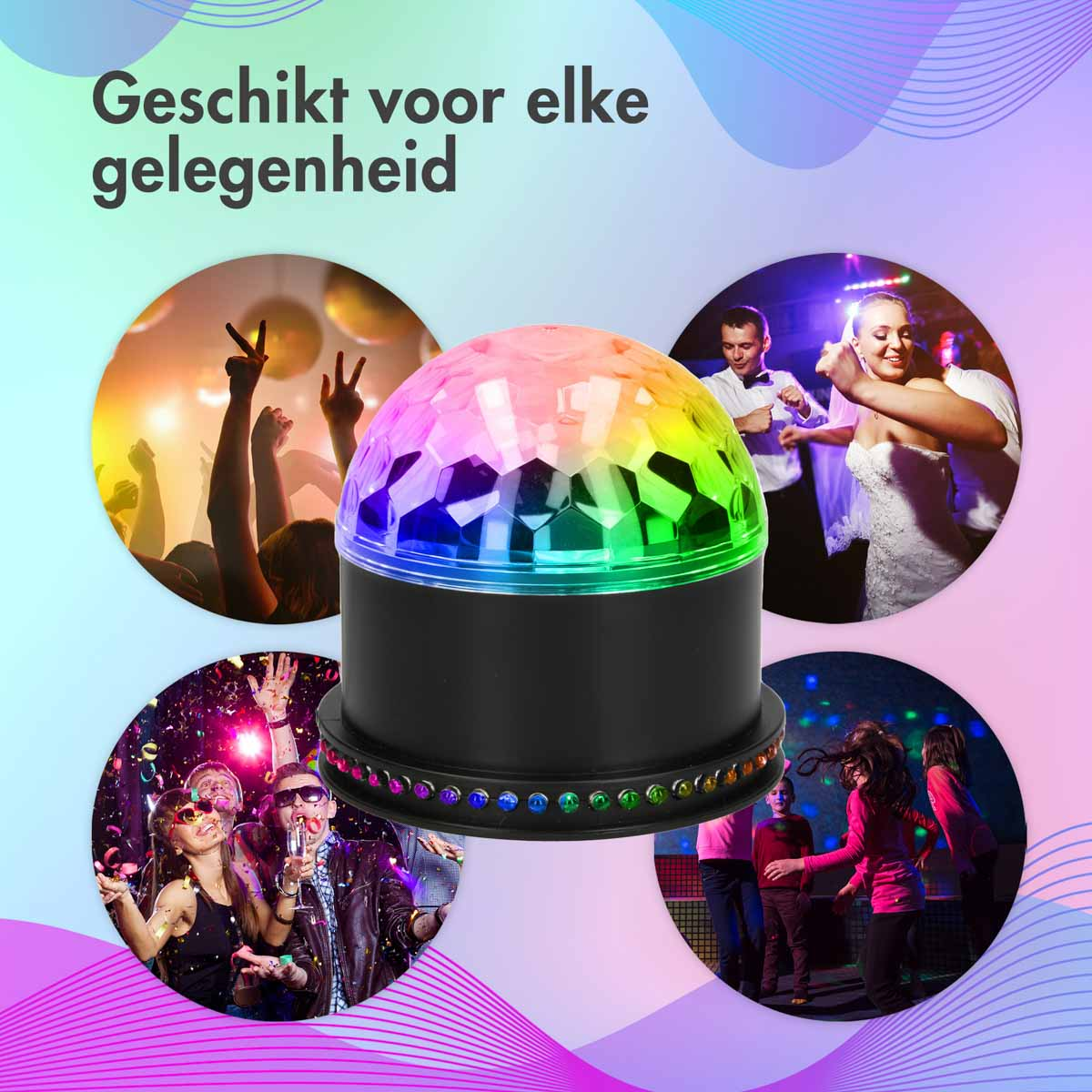 Een discobal, met een zwarte basis, is omringd door vier cirkelvormige foto's van dansende mensen.
