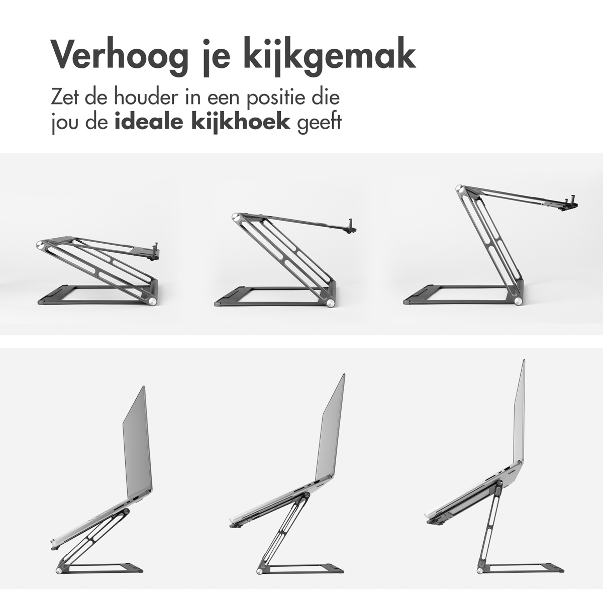 Laptop stand in three different positions. The stand is silver.
