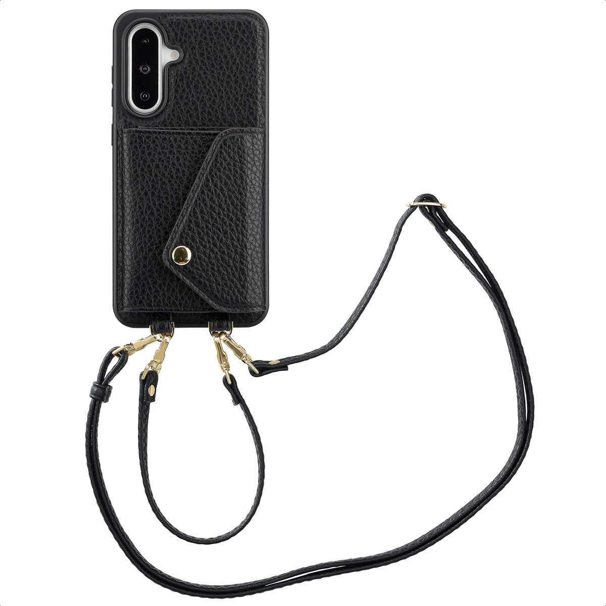 Zwarte telefoonhoes met een leren flap voor kaarten en een zwarte riem om om de nek te dragen.