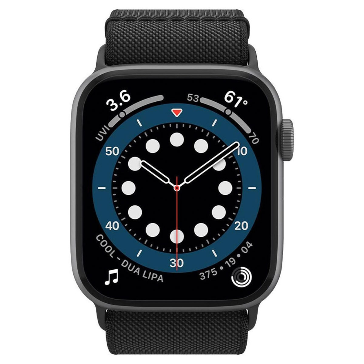 Black smartwatch with black band showing time and temperature.