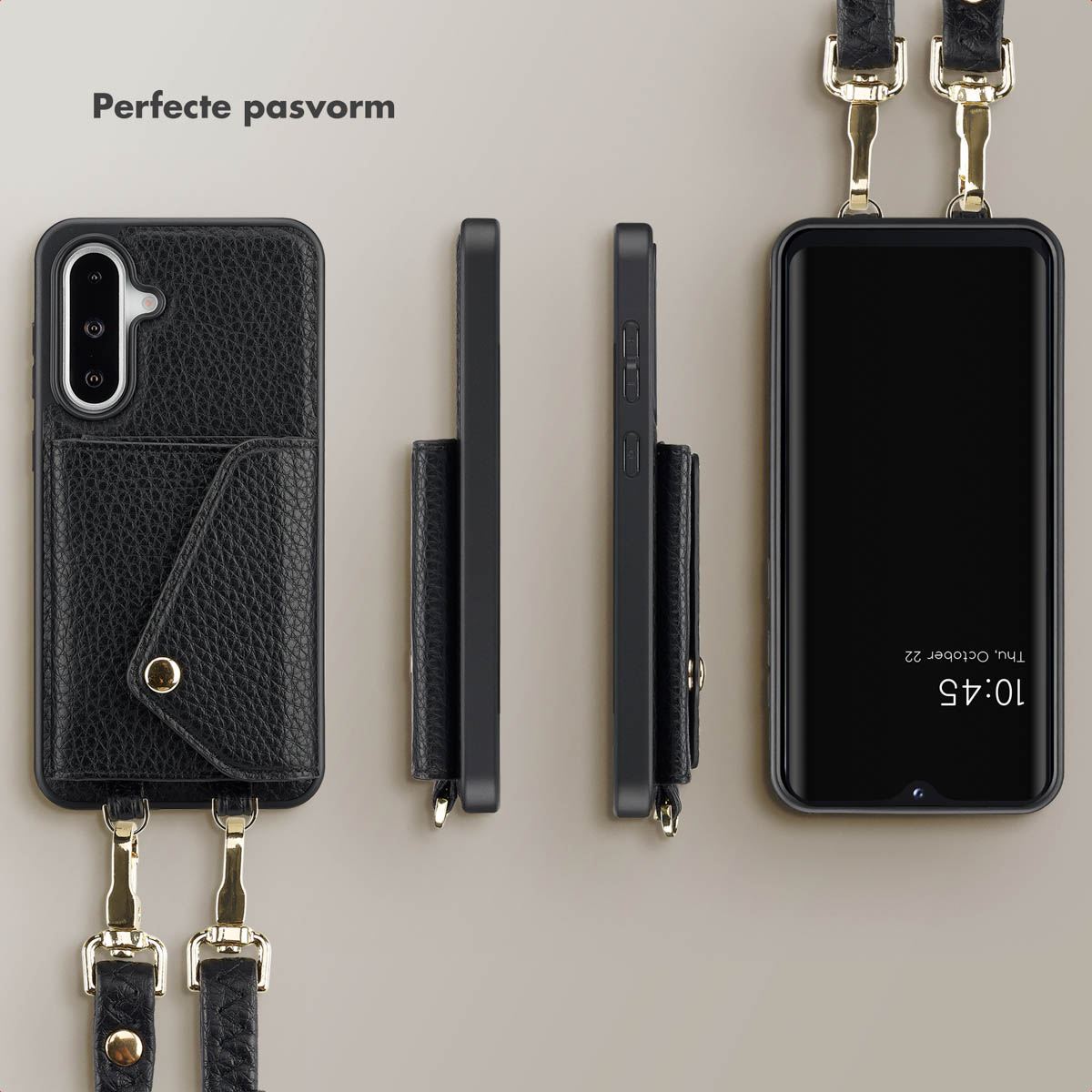 Zwarte telefoonhoes met een zak en een riem. Twee andere weergaven van de telefoon worden getoond.