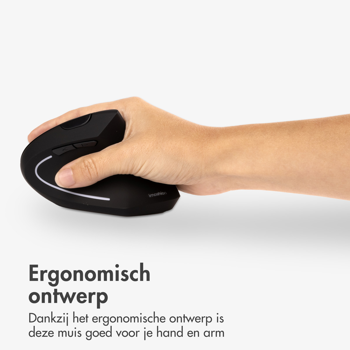 A hand holding a black ergonomic mouse. Text: Ergonomic design.