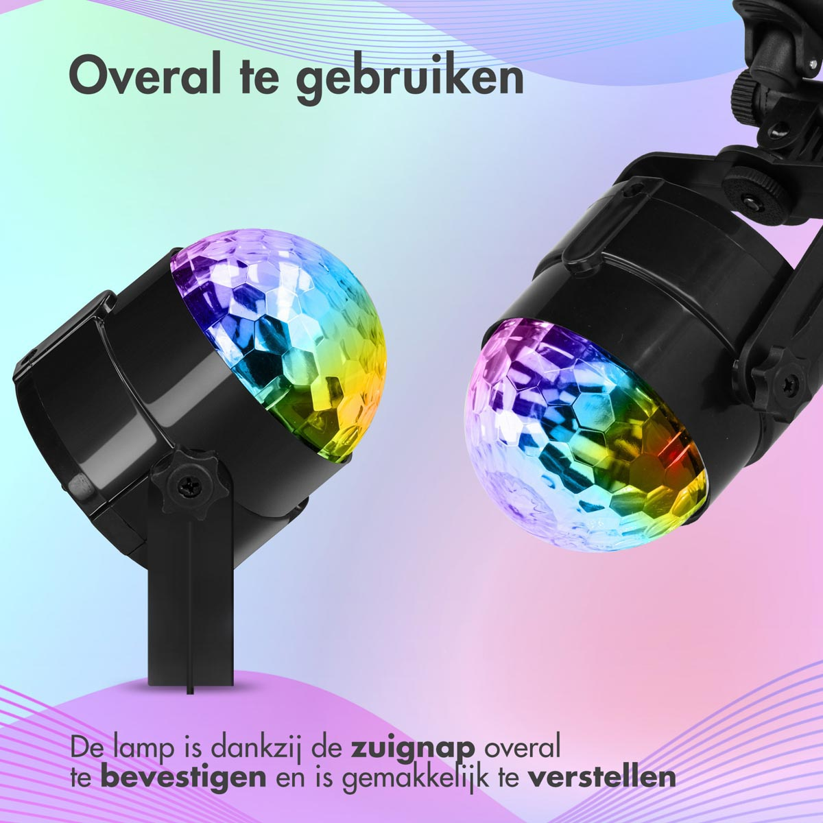 Two disco lights with a rainbow light. The lights are black.
