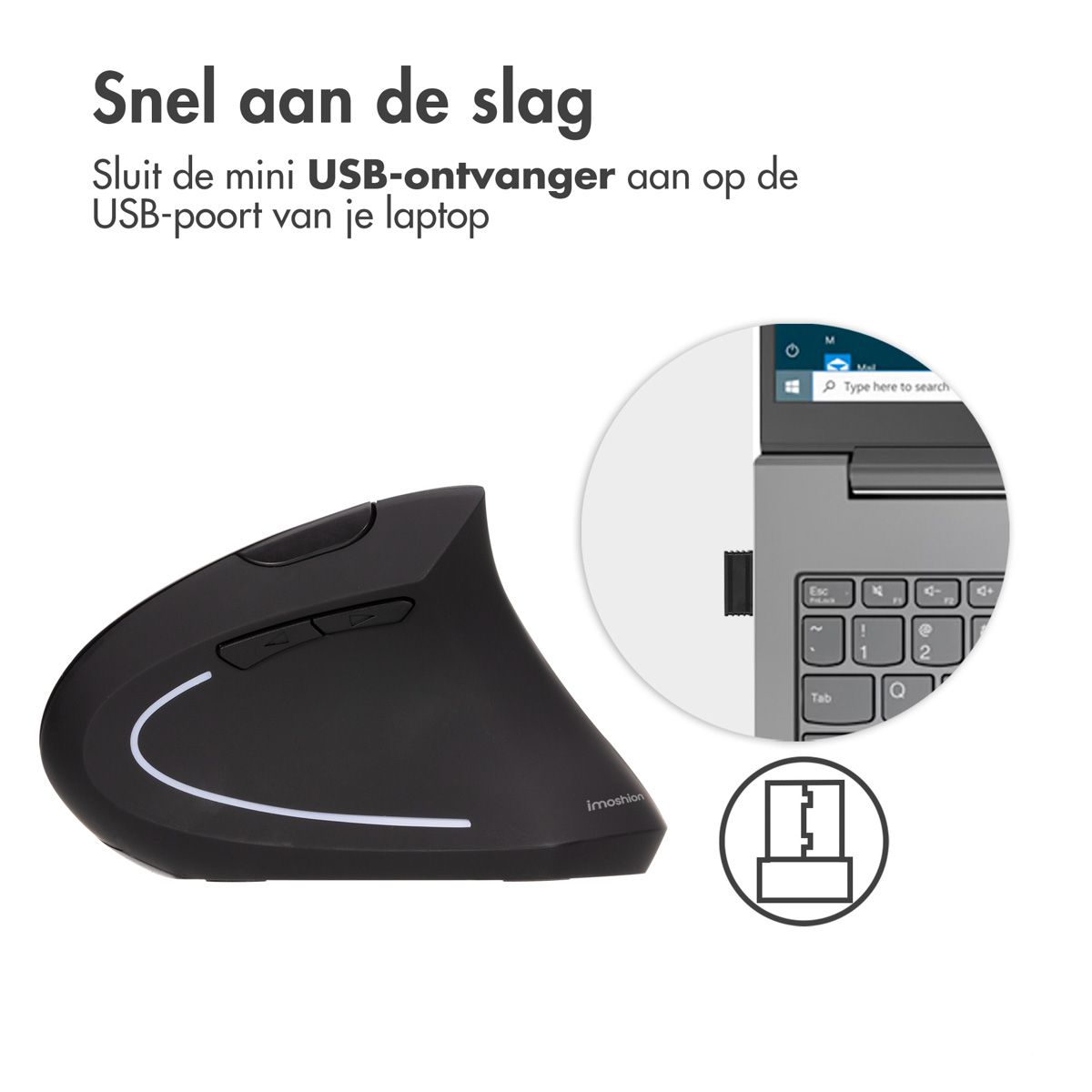 Black ergonomic mouse, and a USB receiver plugged into a laptop.