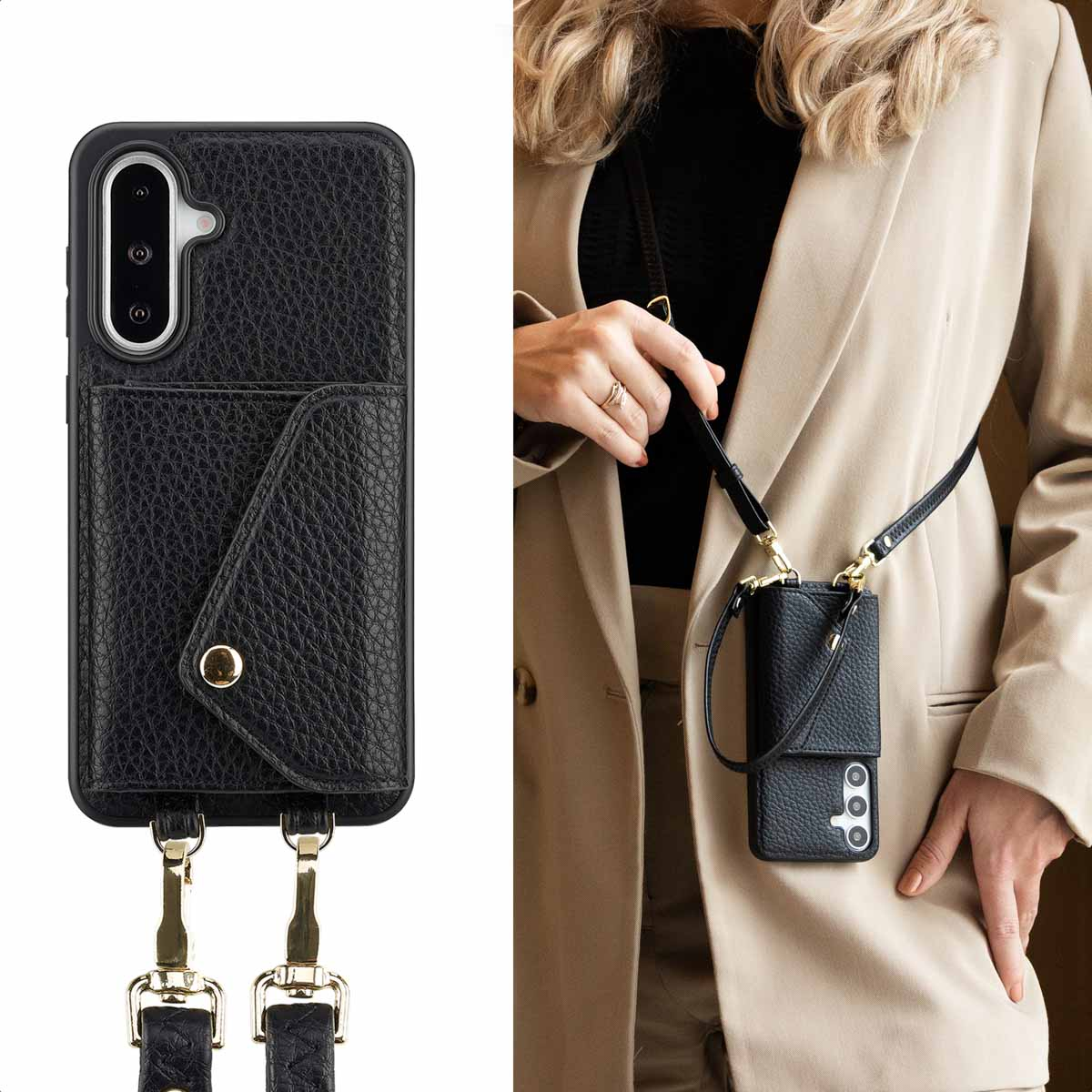 Een zwarte telefoonhoes met een zak en een gouden band wordt vastgehouden door een vrouw met een bruine blazer.