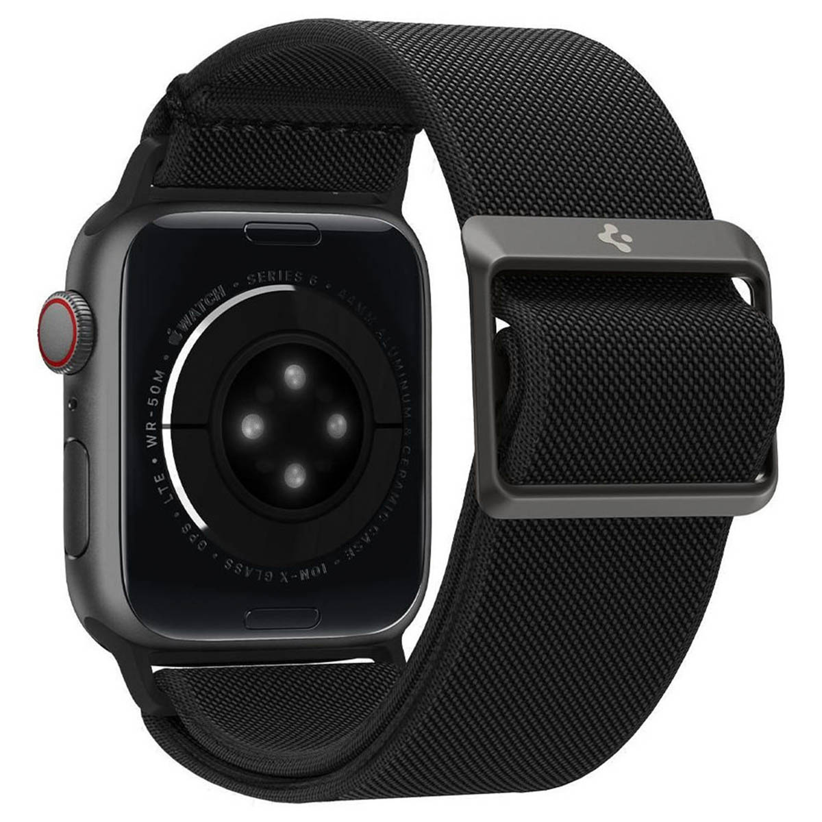 Black Apple Watch with a black fabric band. The back of the watch is visible.