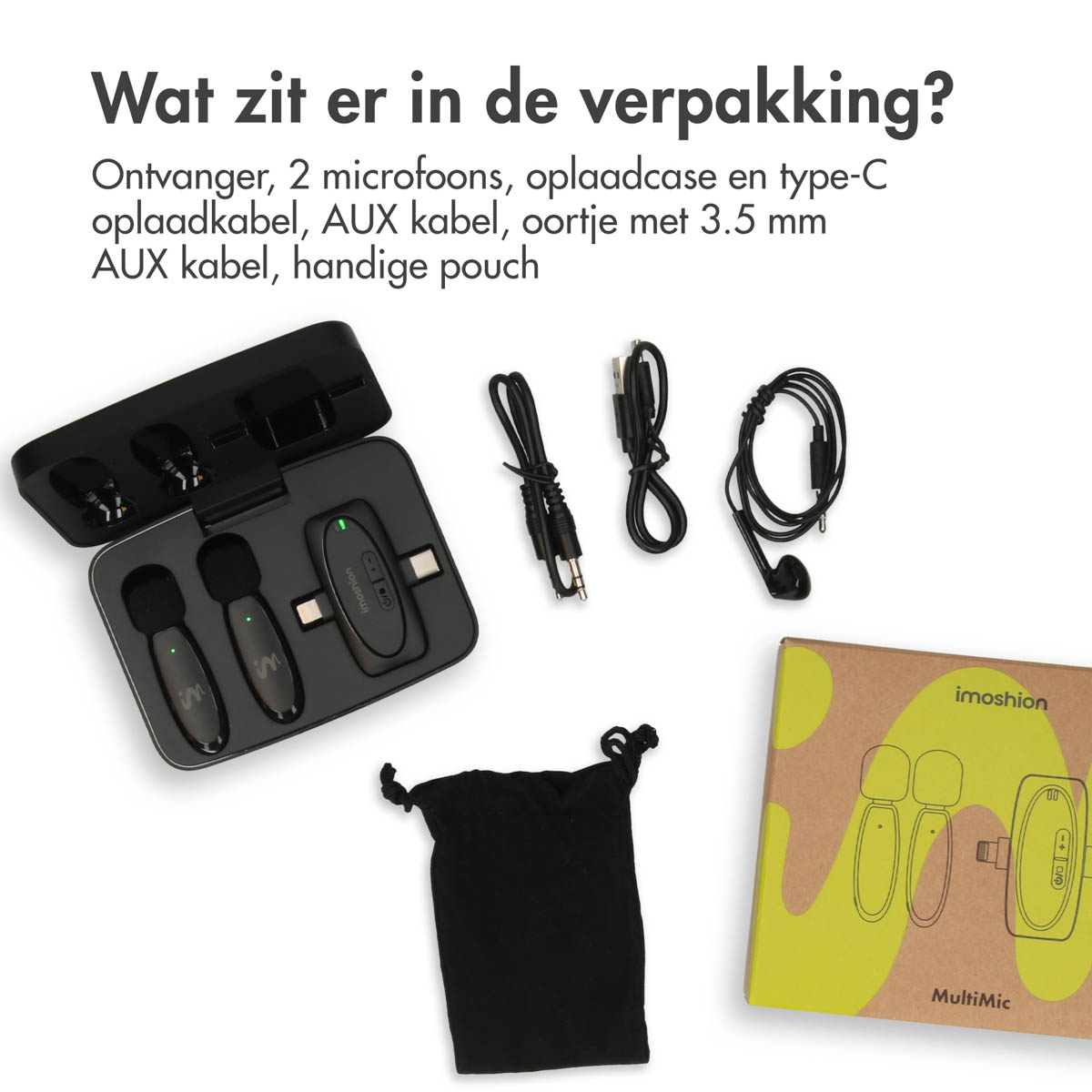 De verpakking bevat een ontvanger, microfoons, een oplaadetui en kabels.